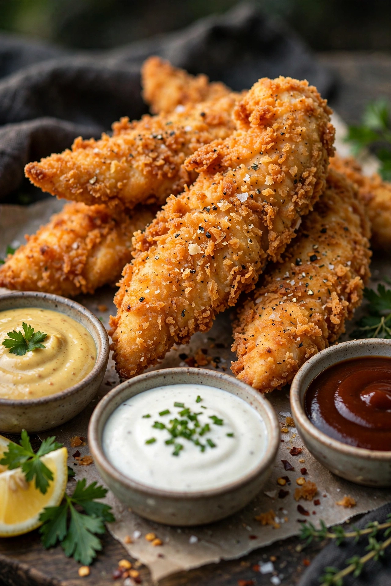 Crispy chicken tenders golden with dipping sauces