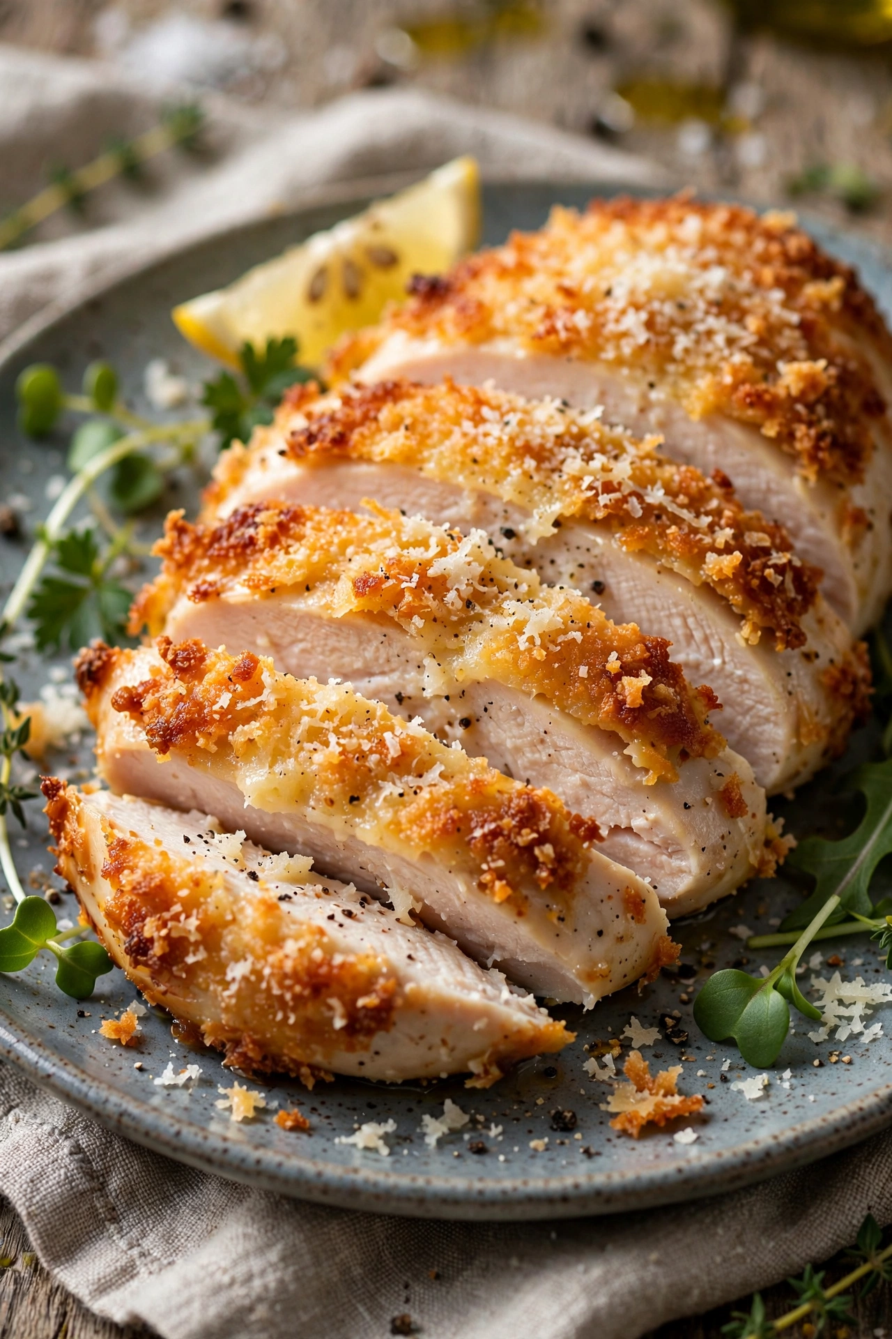 Parmesan crusted chicken with golden cheese crust