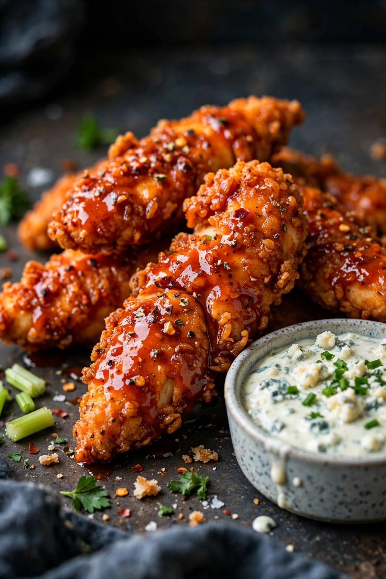 Buffalo chicken tenders with blue cheese dip