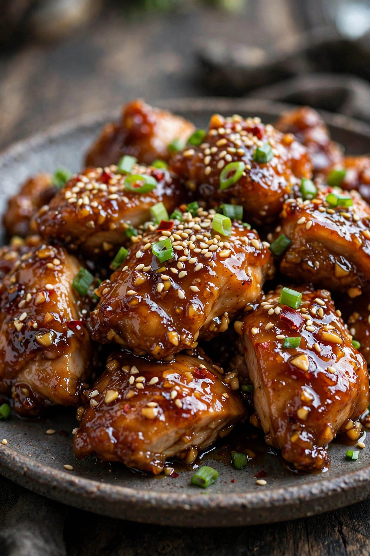 Honey garlic chicken glazed sticky with sesame