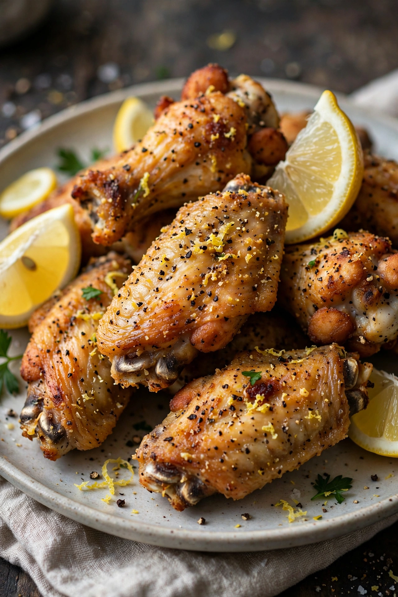 Lemon pepper wings with lemon wedges