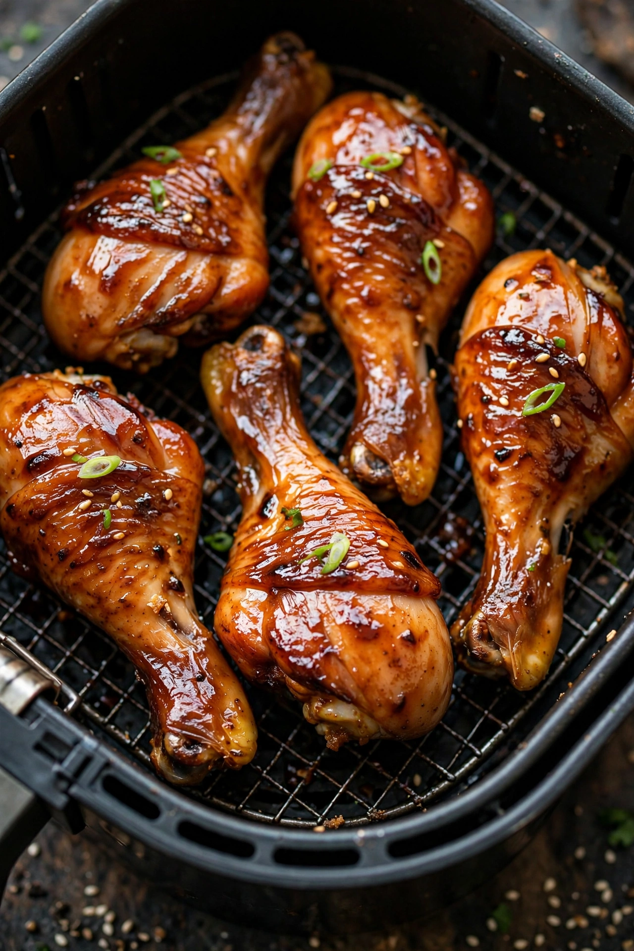 BBQ chicken drumsticks glazed in air fryer basket