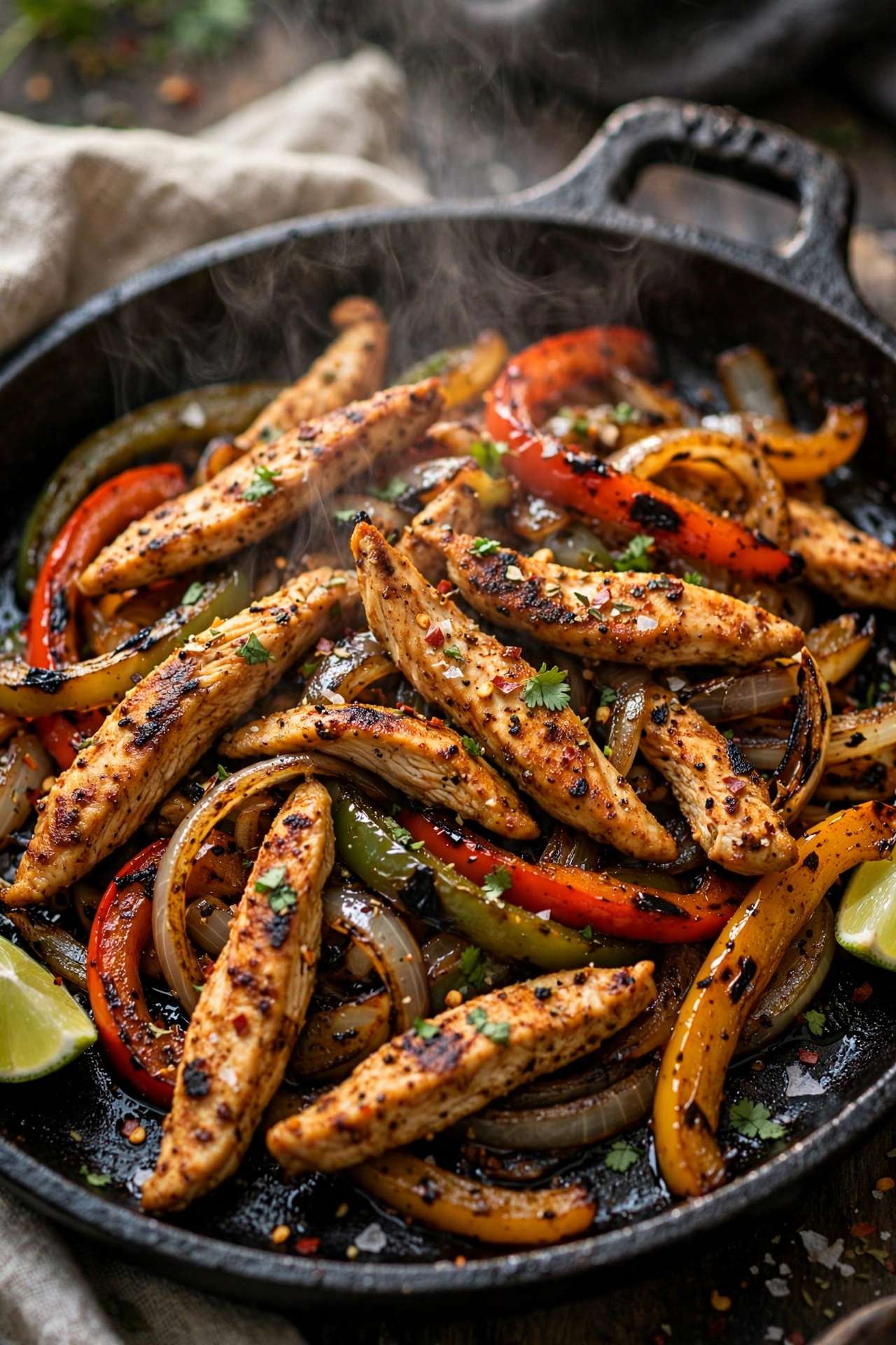 Air fryer chicken fajitas sizzling with peppers