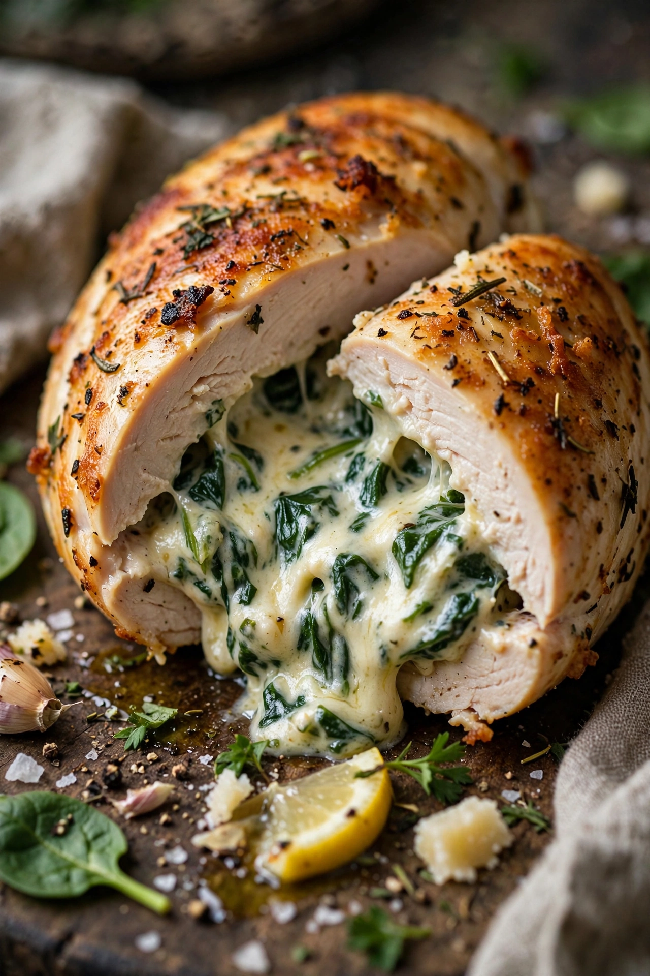 Stuffed chicken breast cut showing spinach cheese filling