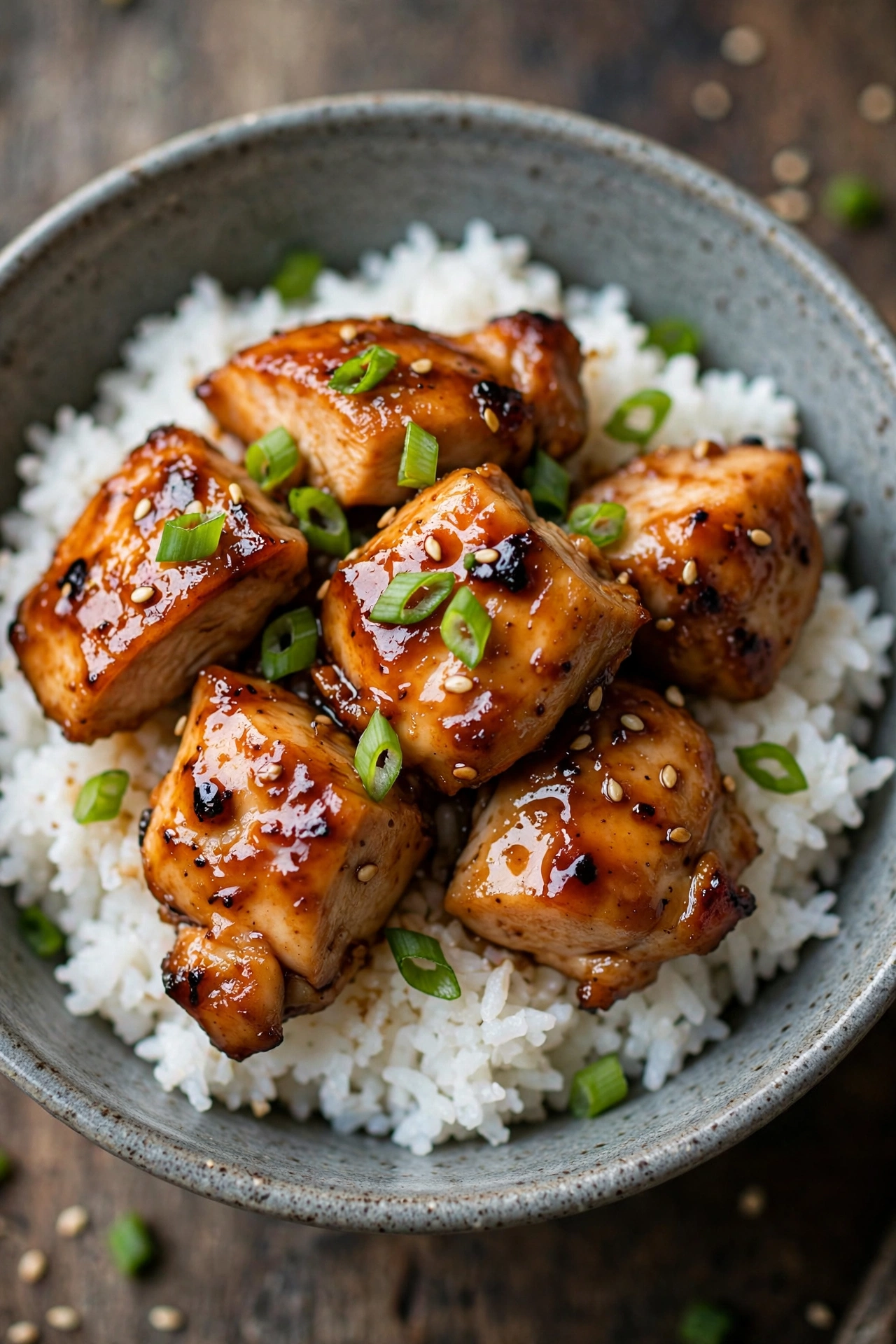 Teriyaki chicken glazed with scallions over rice