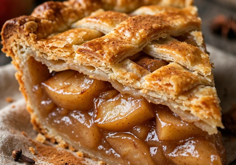 Classic apple pie slice with flaky crust and cinnamon