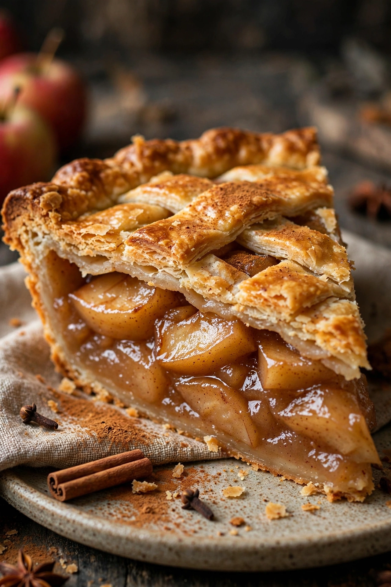 Classic apple pie slice with flaky crust and cinnamon