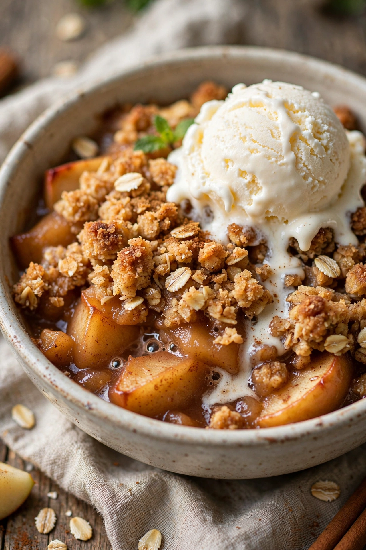 Apple crisp with oat topping and vanilla ice cream
