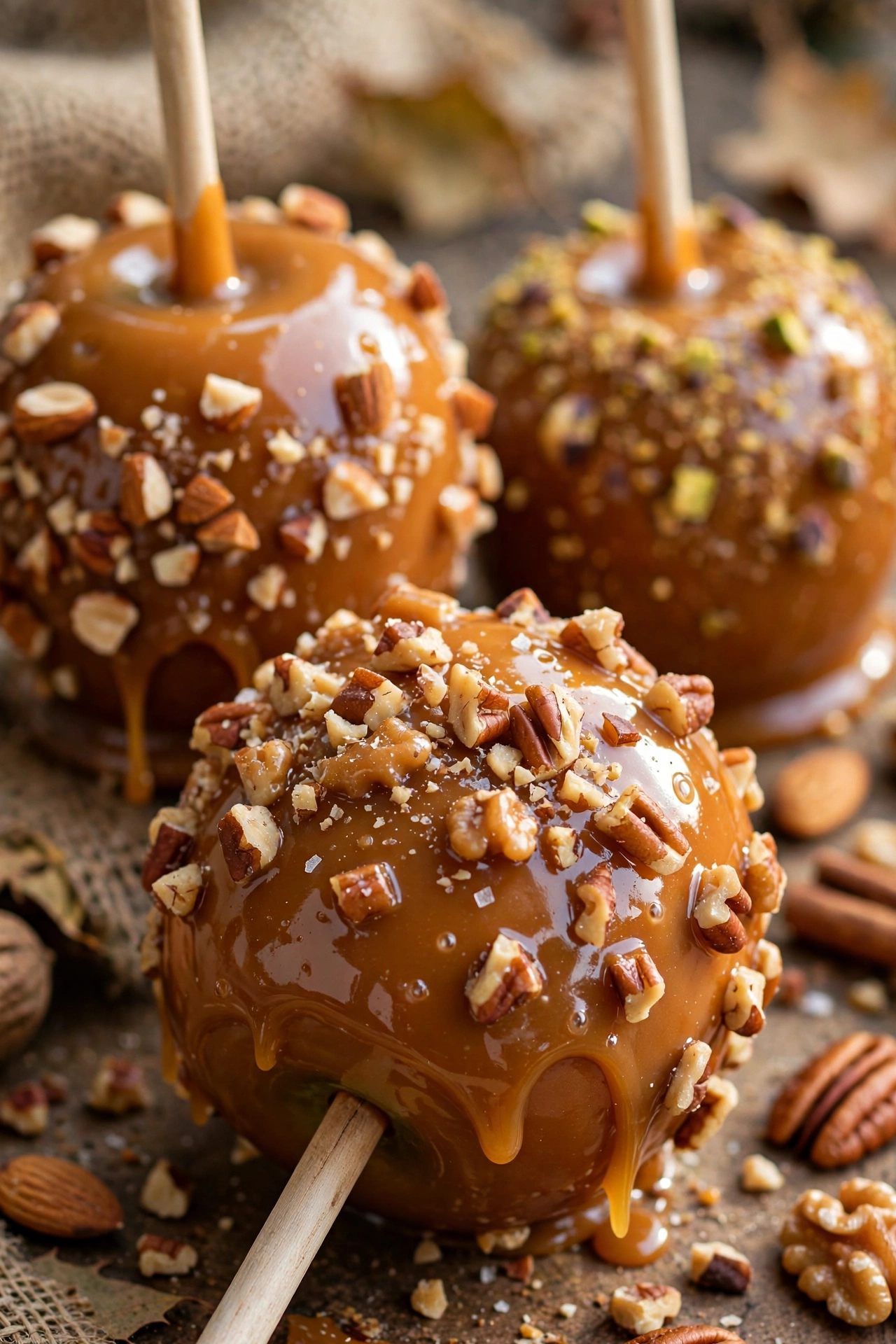 Caramel apples glossy on sticks with nuts