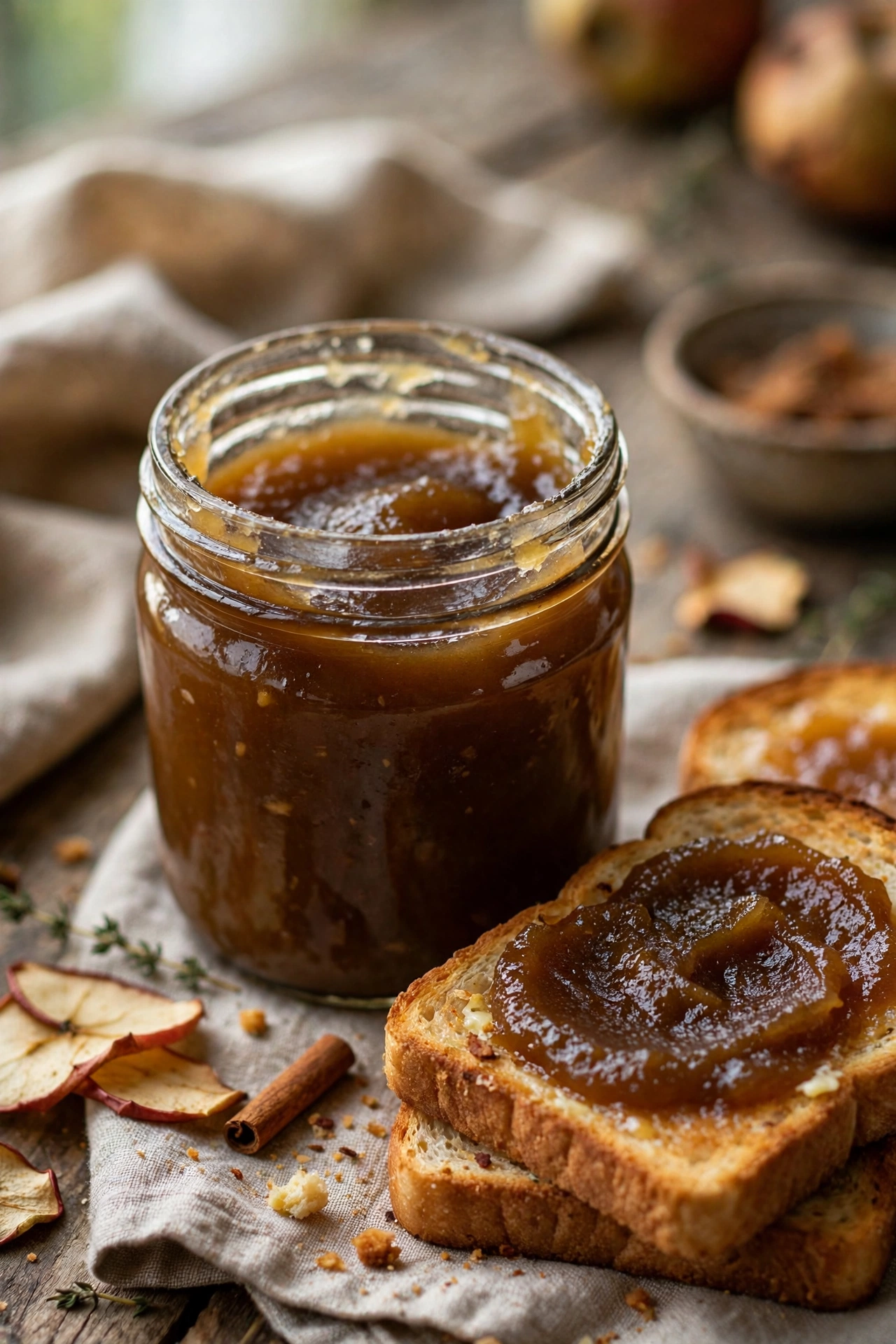 Apple butter dark golden in a jar with toast