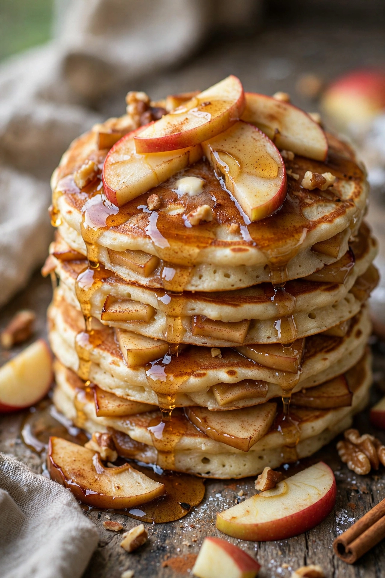 Apple pancakes stacked with maple syrup