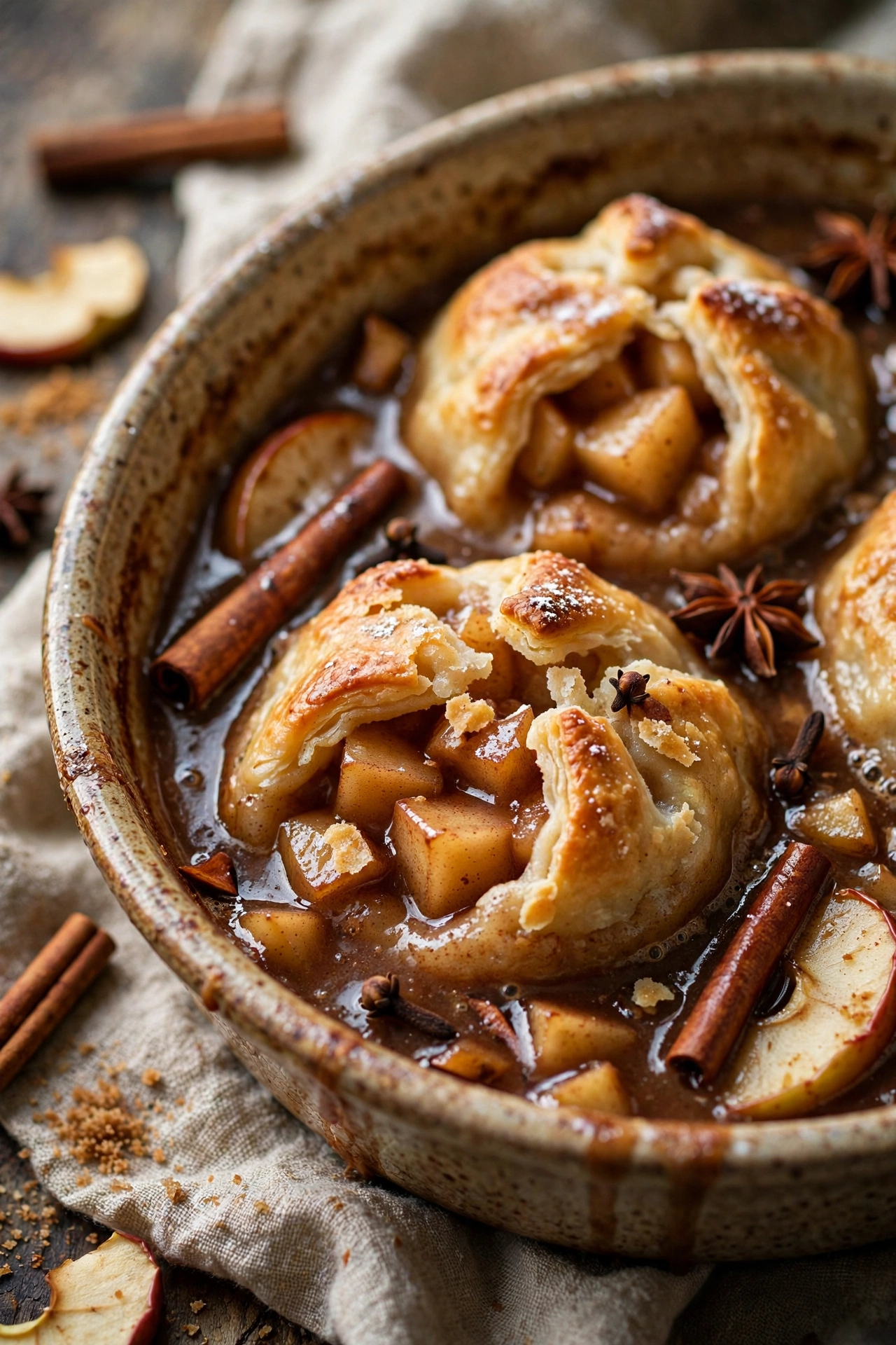 Apple dumplings baked in cinnamon sauce