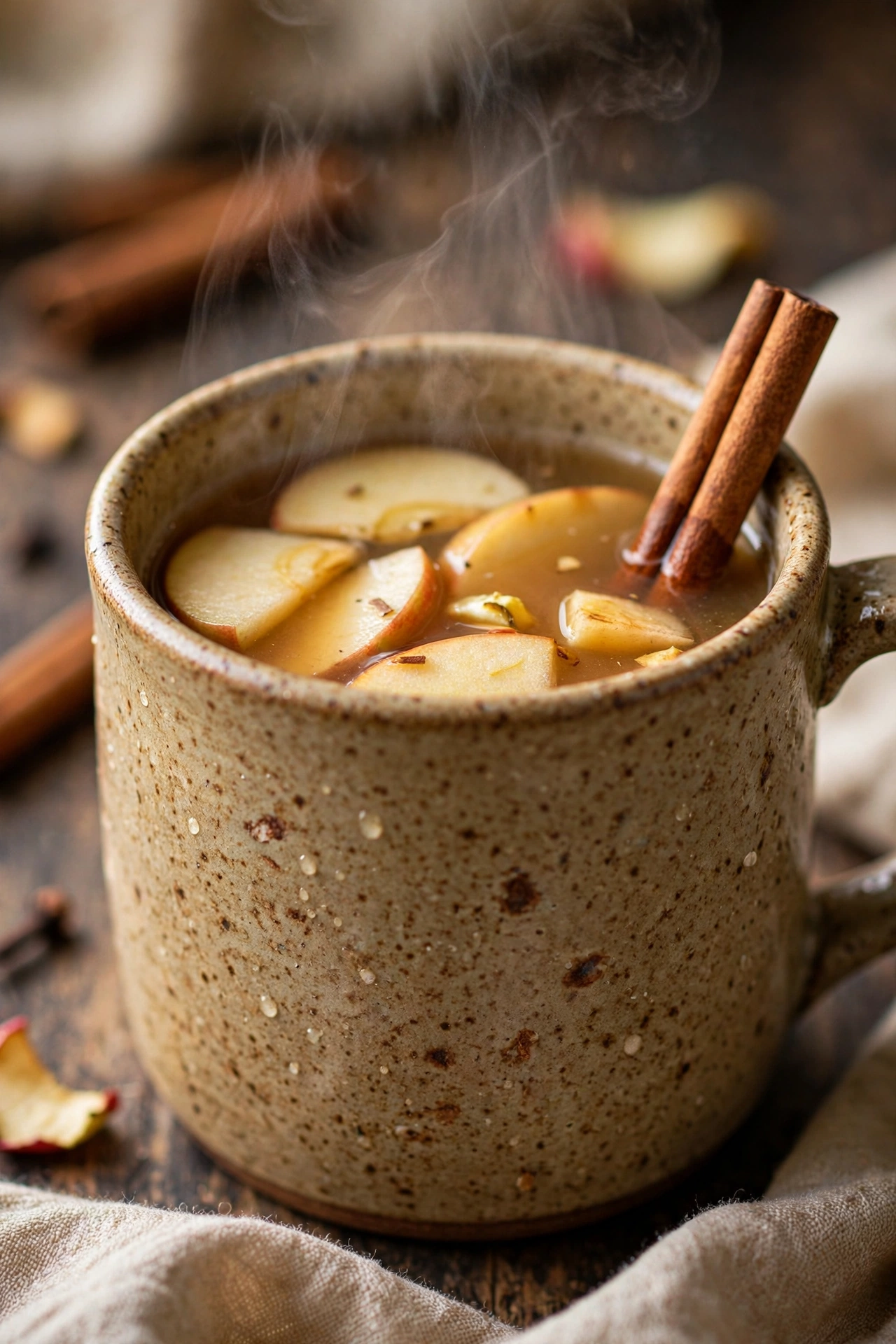 Hot apple cider steaming in a mug with cinnamon stick