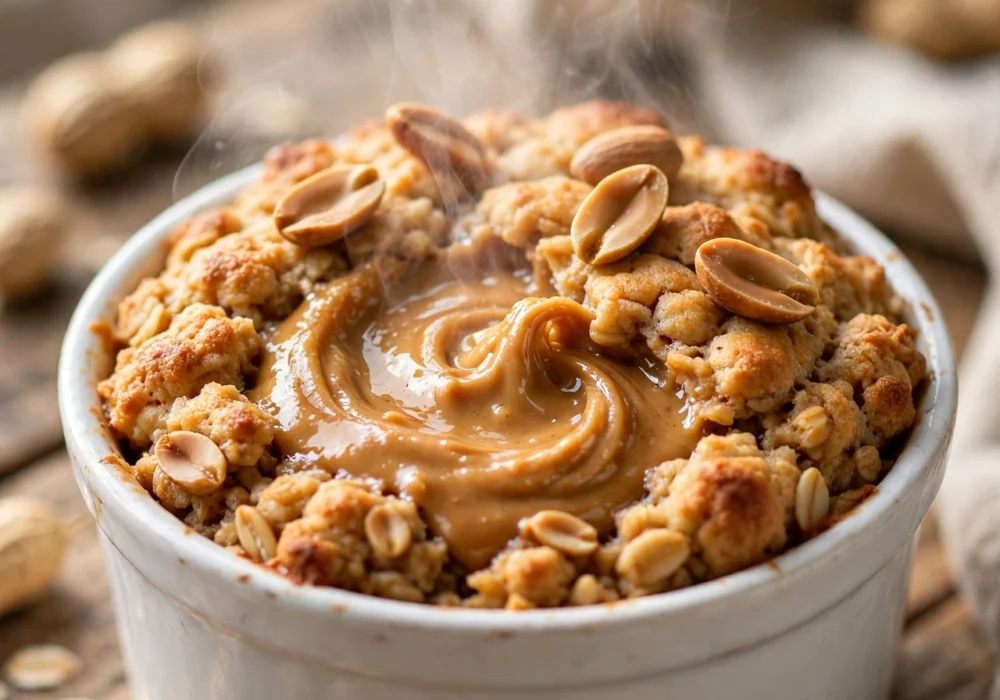 Classic peanut butter baked oats with drizzled peanut butter in a ramekin