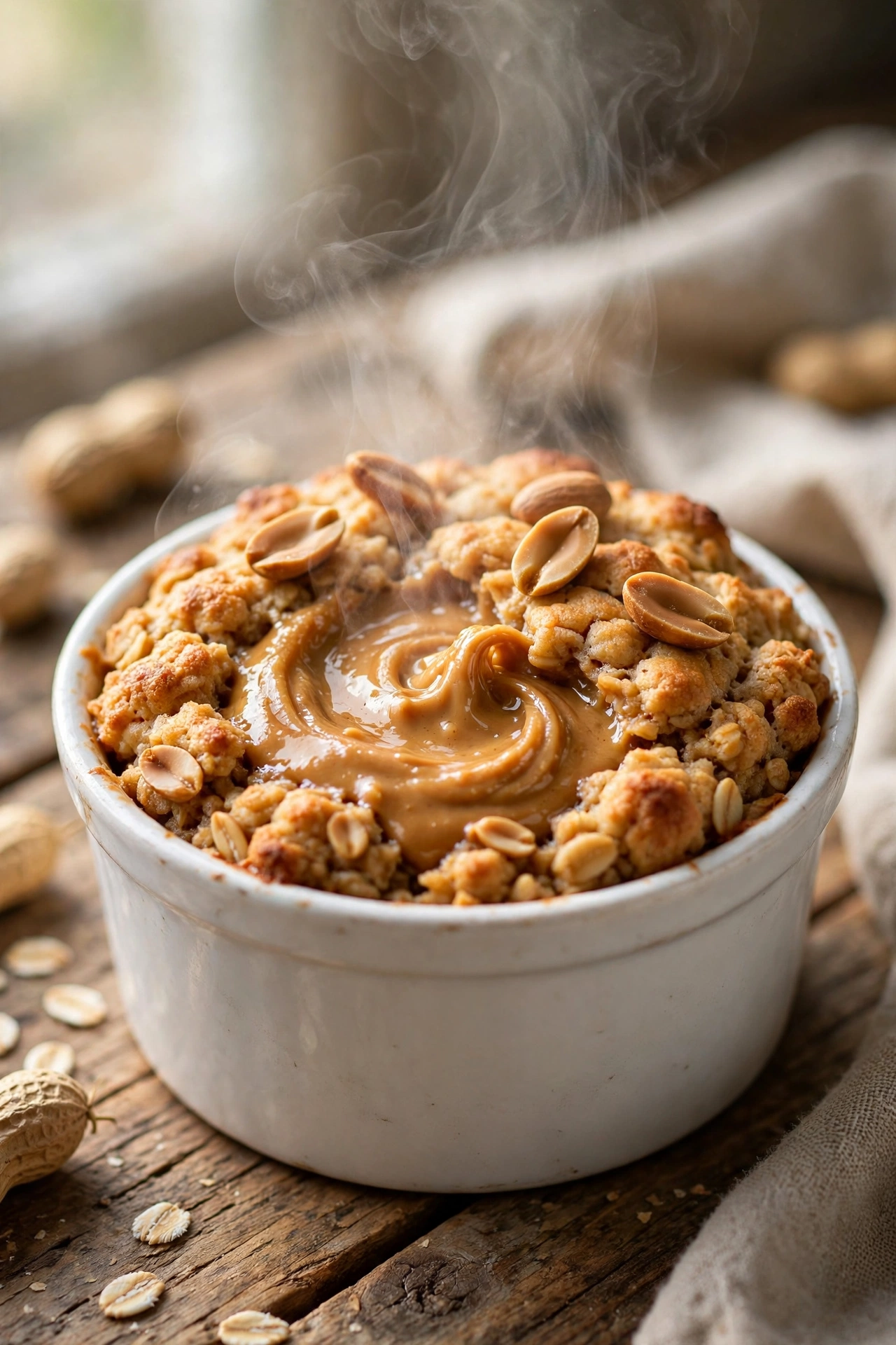 Classic peanut butter baked oats with drizzled peanut butter in a ramekin