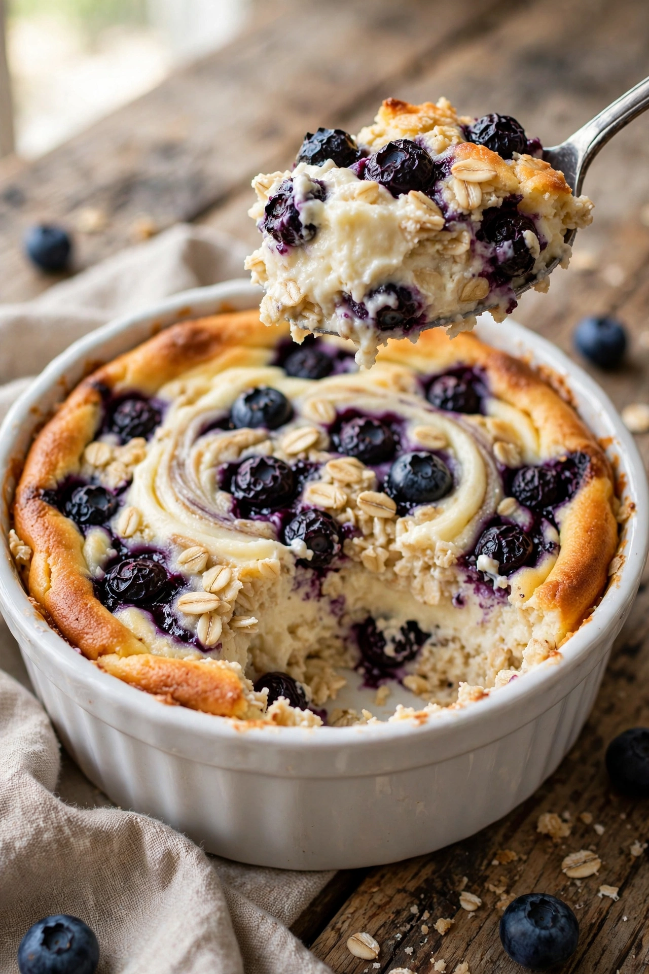 Blueberry cheesecake baked oats with cream cheese swirl and fresh blueberries