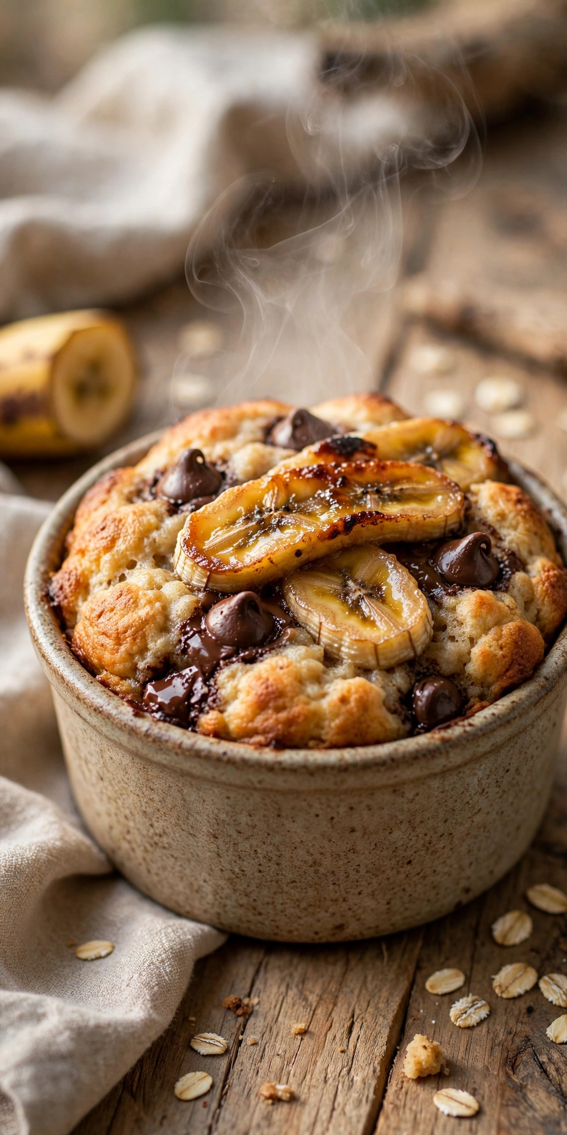 Chocolate chip banana baked oats with melted chocolate chips