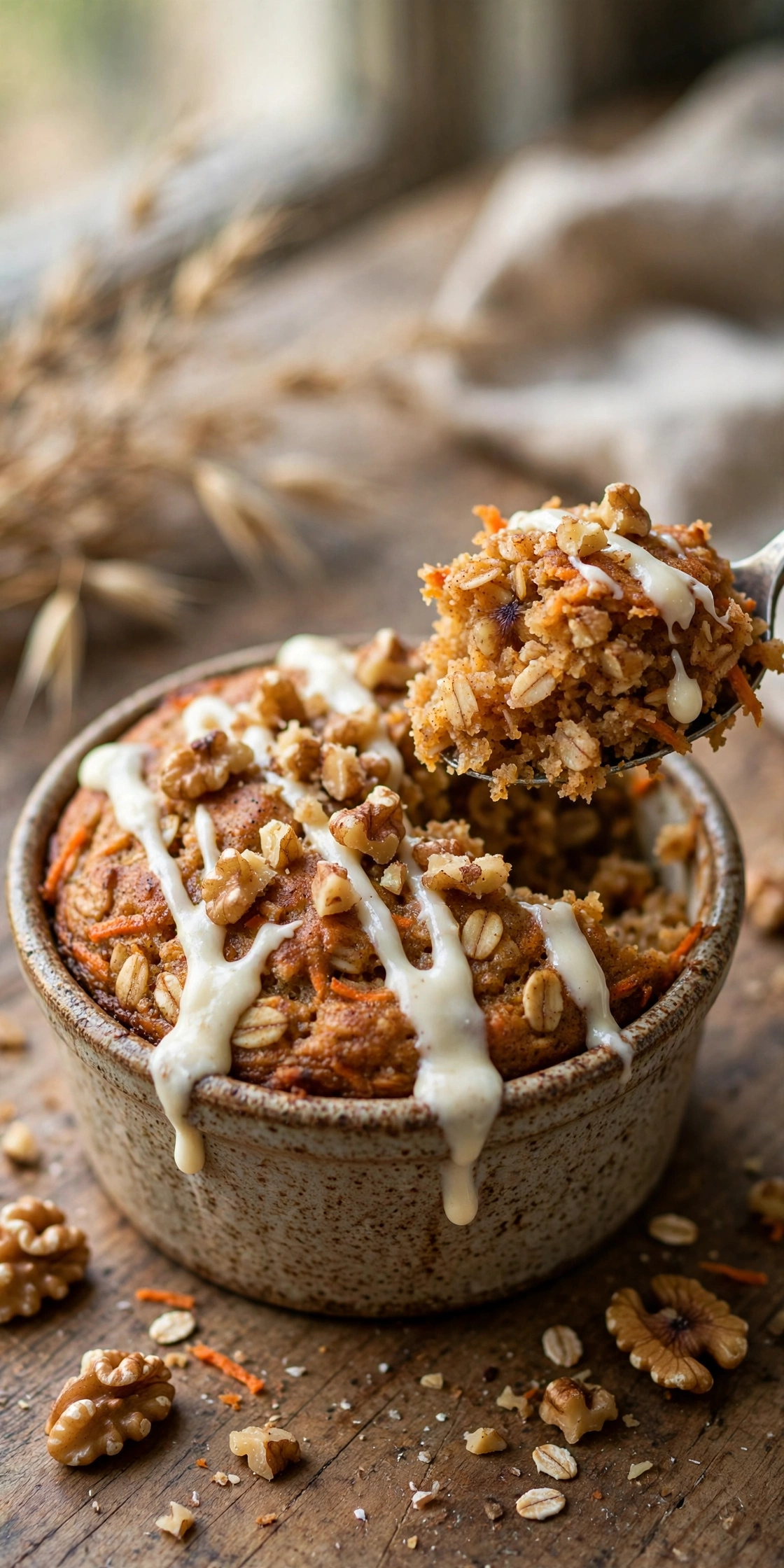 Carrot cake baked oats with cream cheese frosting and pecans