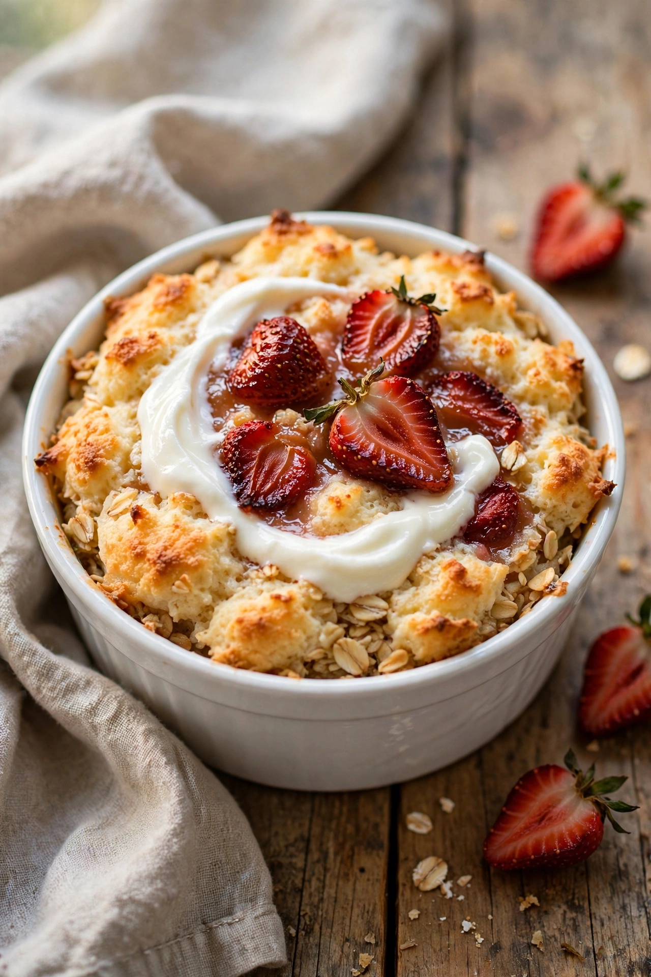 Strawberry vanilla baked oats with fresh strawberries and vanilla glaze
