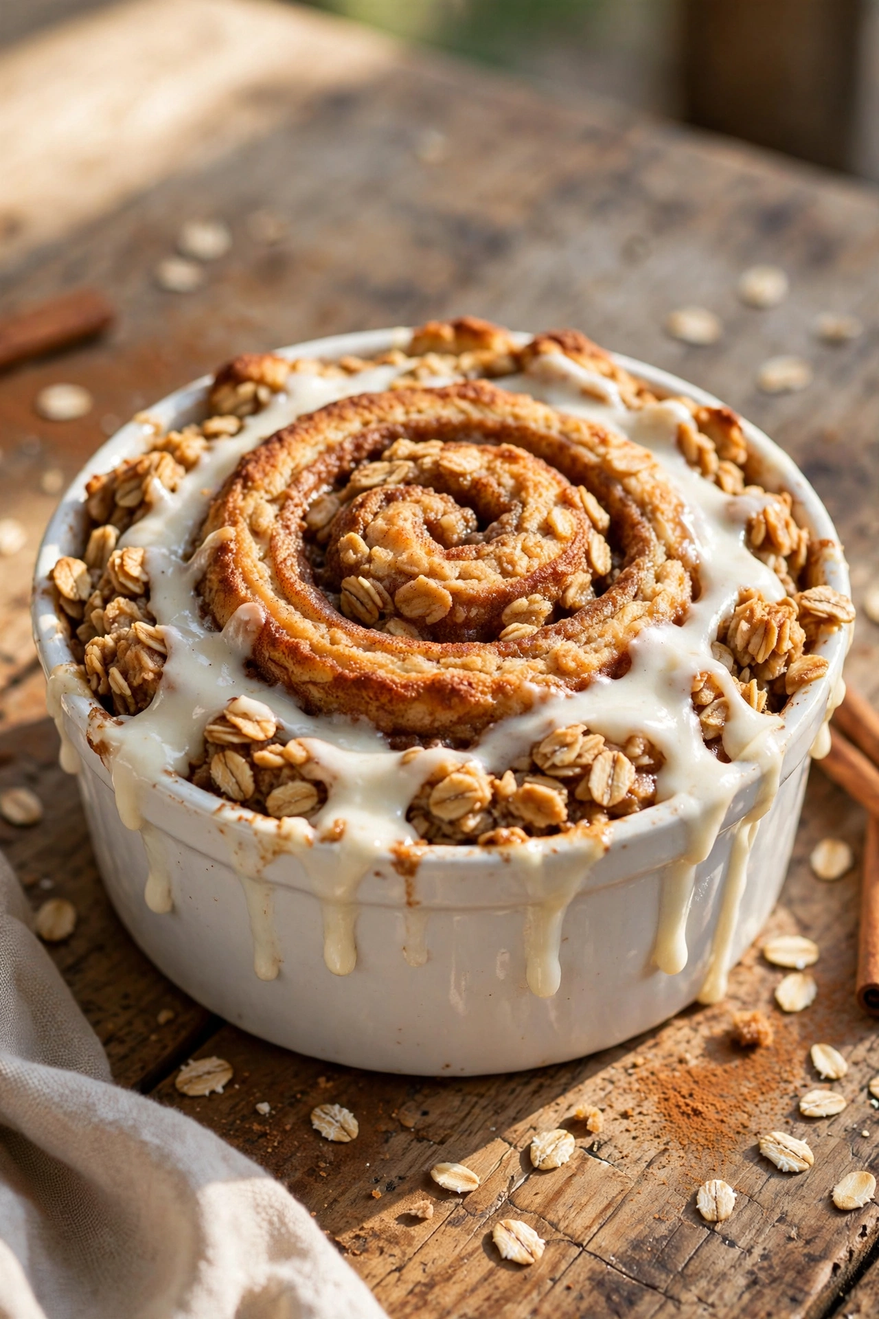 Cinnamon roll baked oats with cinnamon swirl and cream cheese glaze
