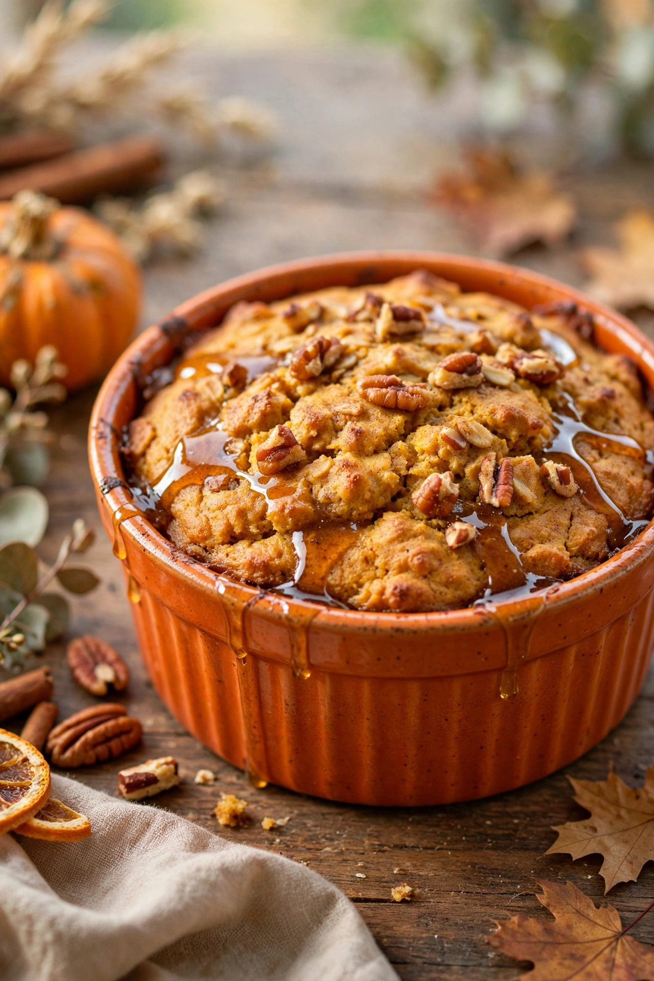 Pumpkin spice baked oats with whipped cream and cinnamon