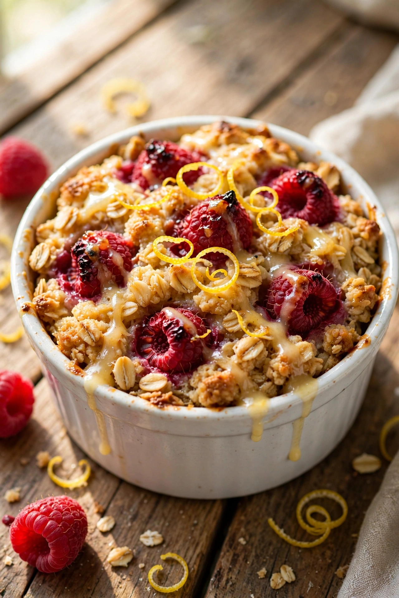 Lemon raspberry baked oats with fresh raspberries and lemon glaze