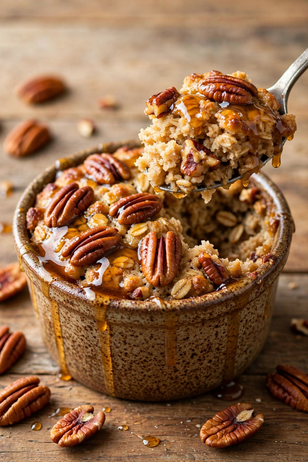 Maple pecan baked oats with toasted pecans and maple drizzle