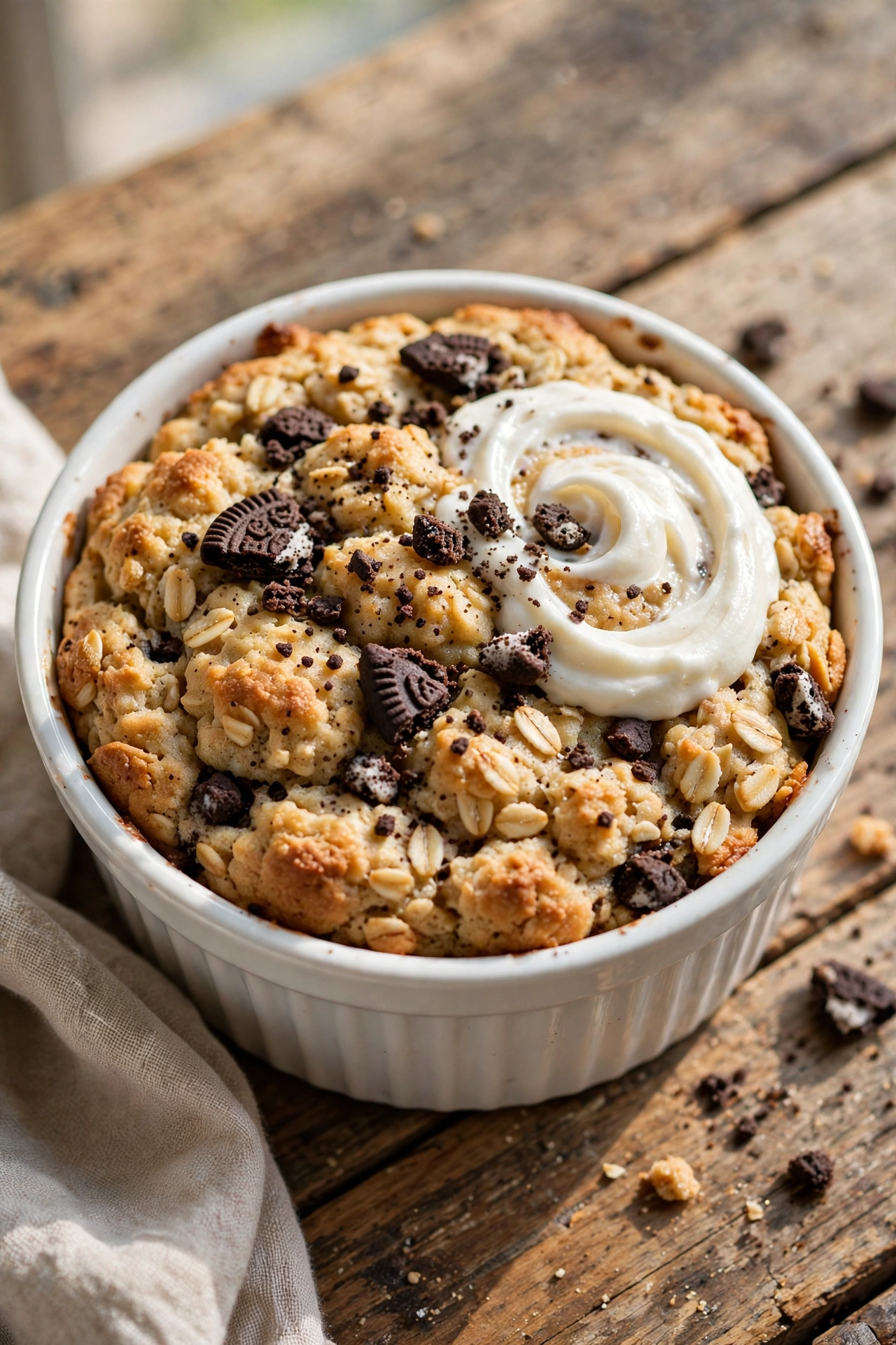 Cookies and cream baked oats with crushed chocolate sandwich cookies