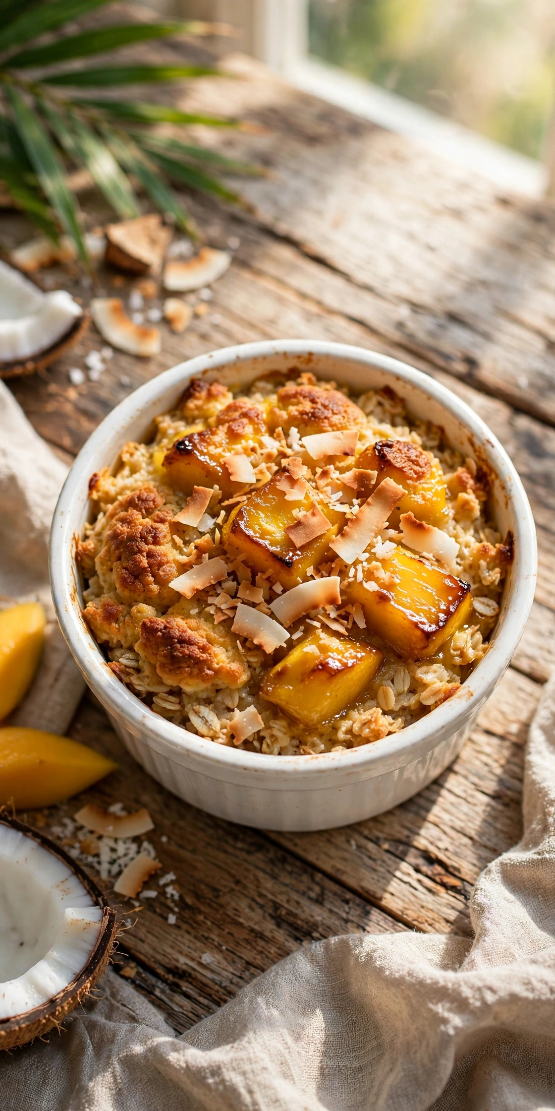 Mango coconut baked oats with toasted coconut flakes and mango