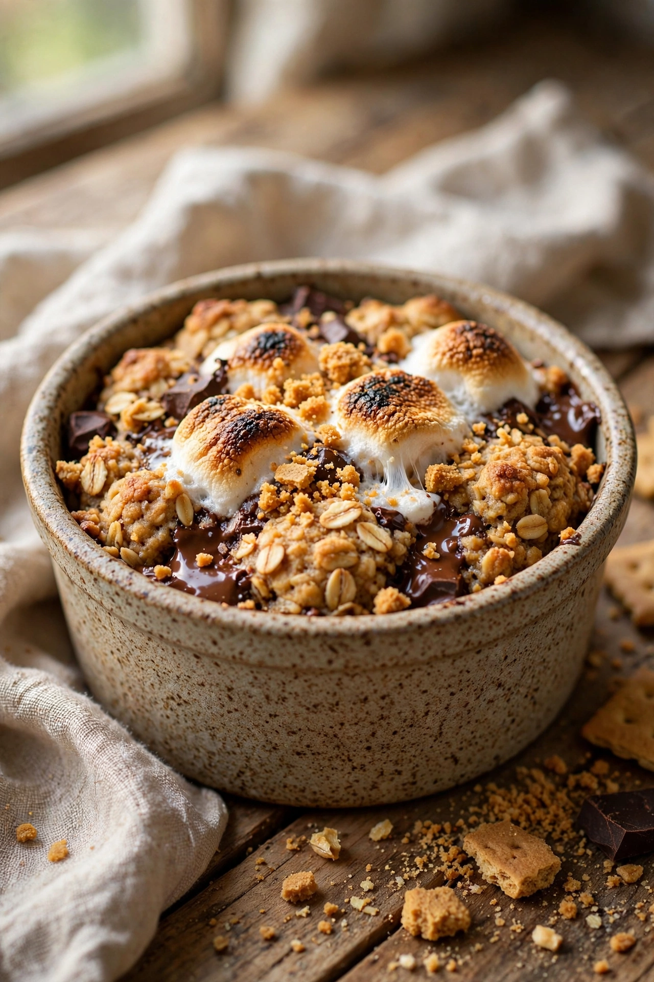 Smores baked oats with toasted marshmallows and chocolate