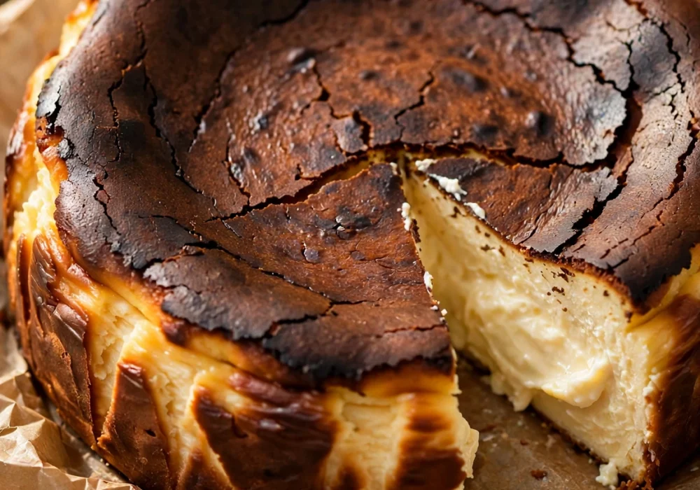 Classic burnt basque cheesecake whole on parchment paper with deeply caramelized dark top and rustic cracks