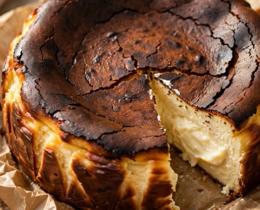Classic burnt basque cheesecake whole on parchment paper with deeply caramelized dark top and rustic cracks