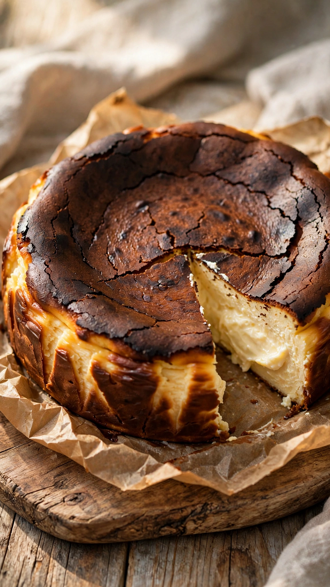 Classic burnt basque cheesecake whole on parchment paper with deeply caramelized dark top and rustic cracks