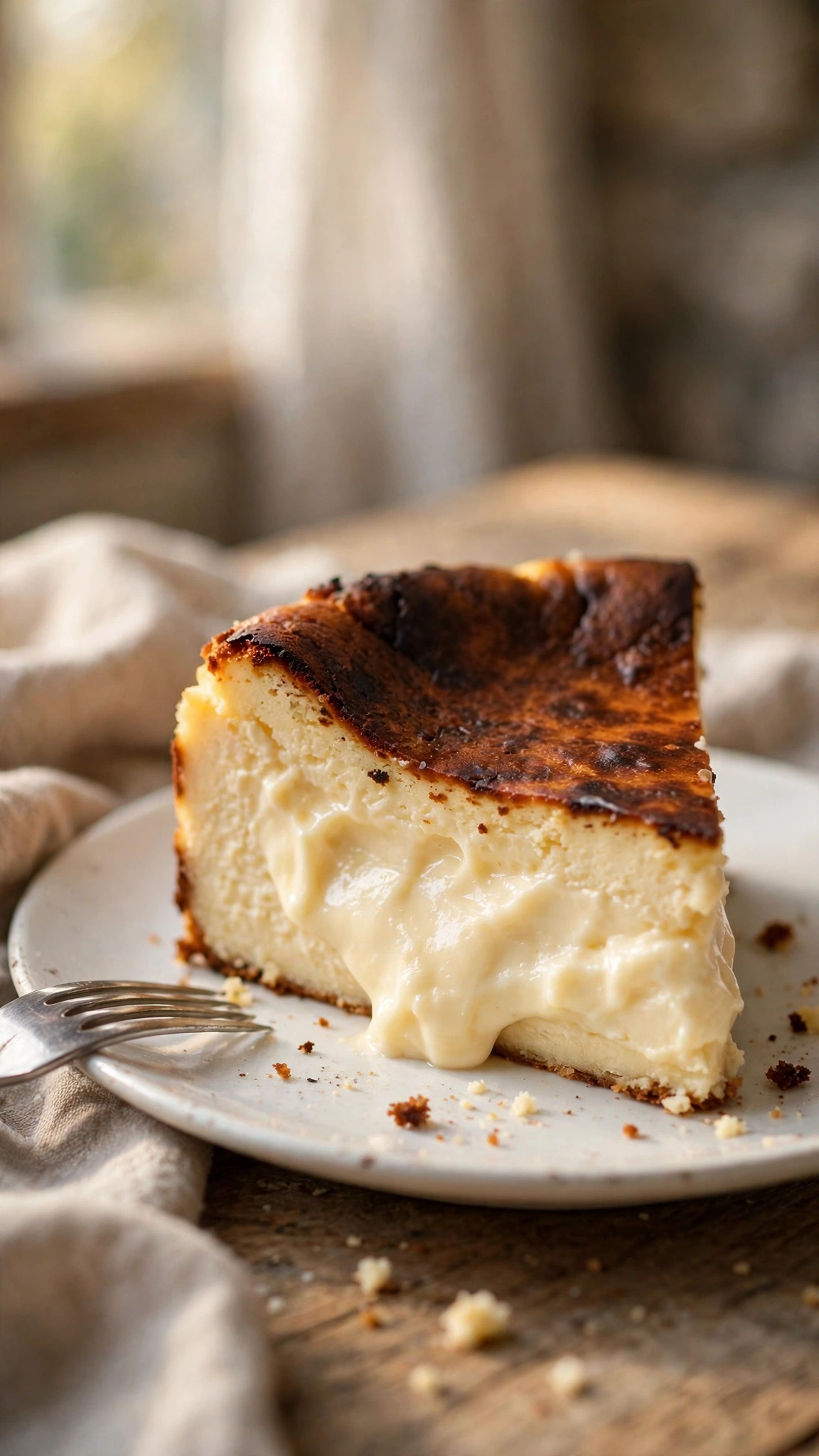 Chocolate basque cheesecake slice with dark cocoa burnt top and rich fudgy interior on a black plate