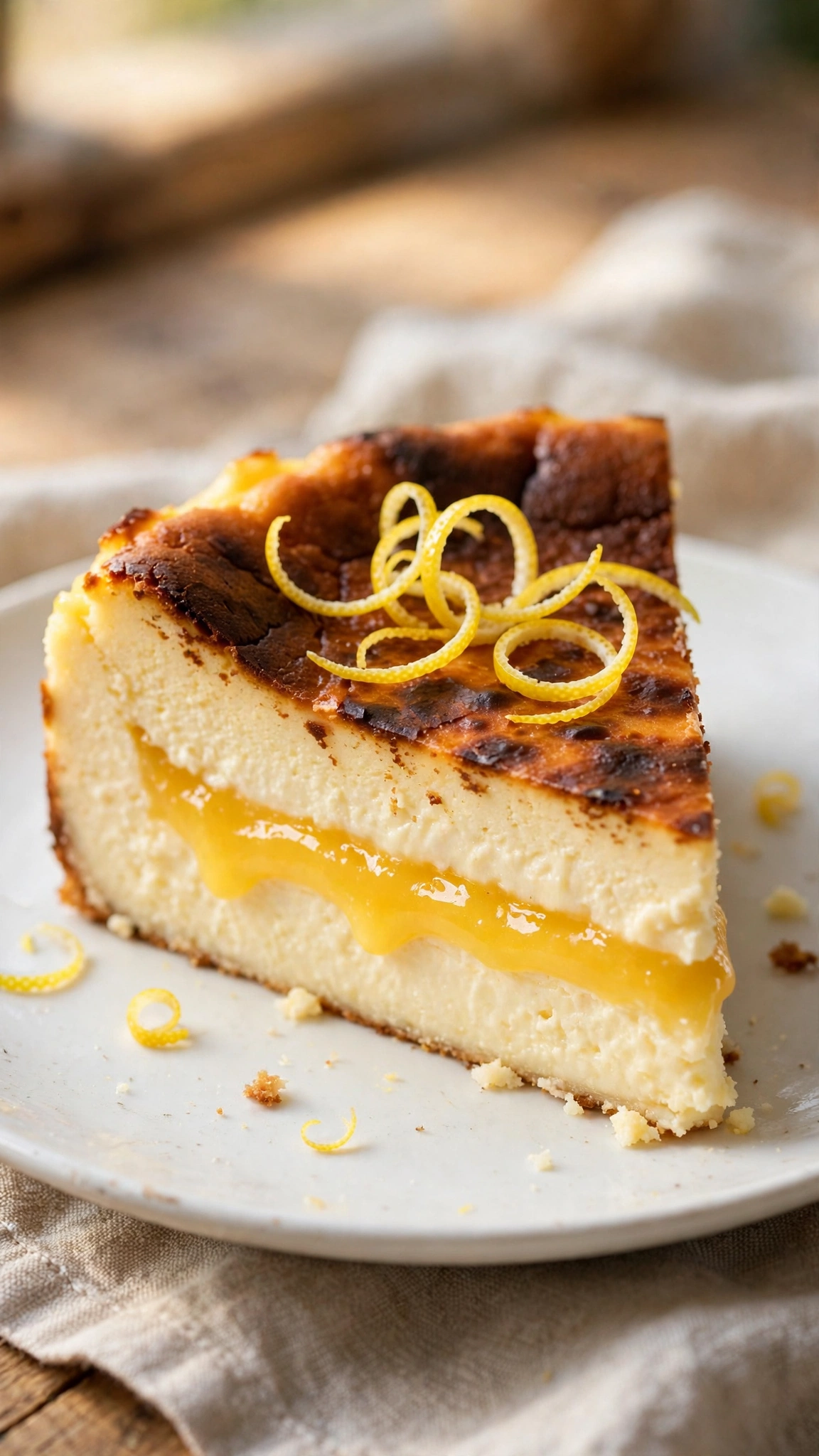 Salted caramel basque cheesecake slice with caramel sauce drizzled over and flaky sea salt on a marble surface