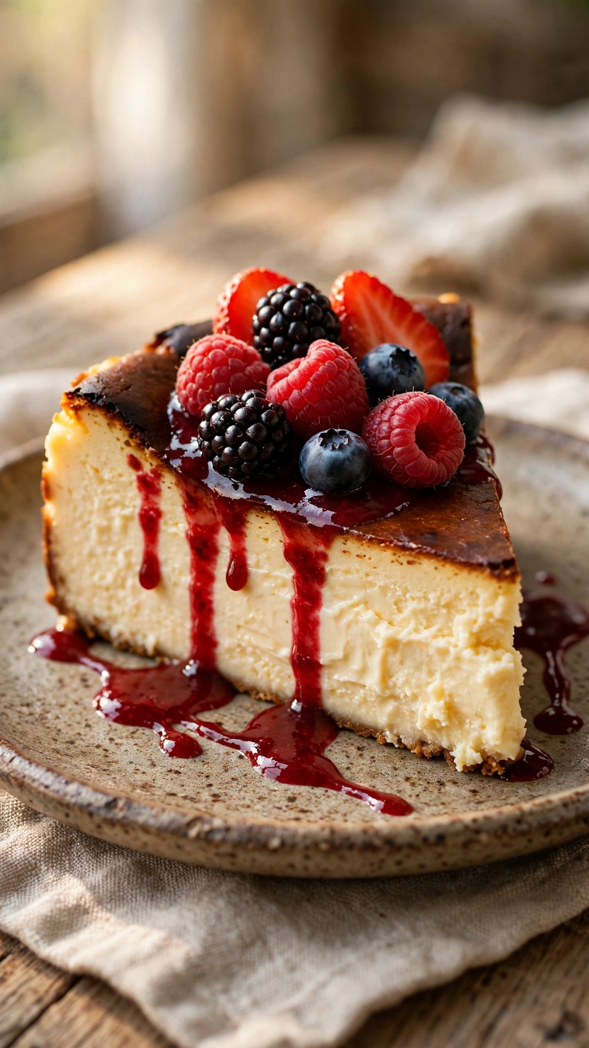 Coffee basque cheesecake slice with espresso tinted creamy center and burnt top, coffee beans scattered around