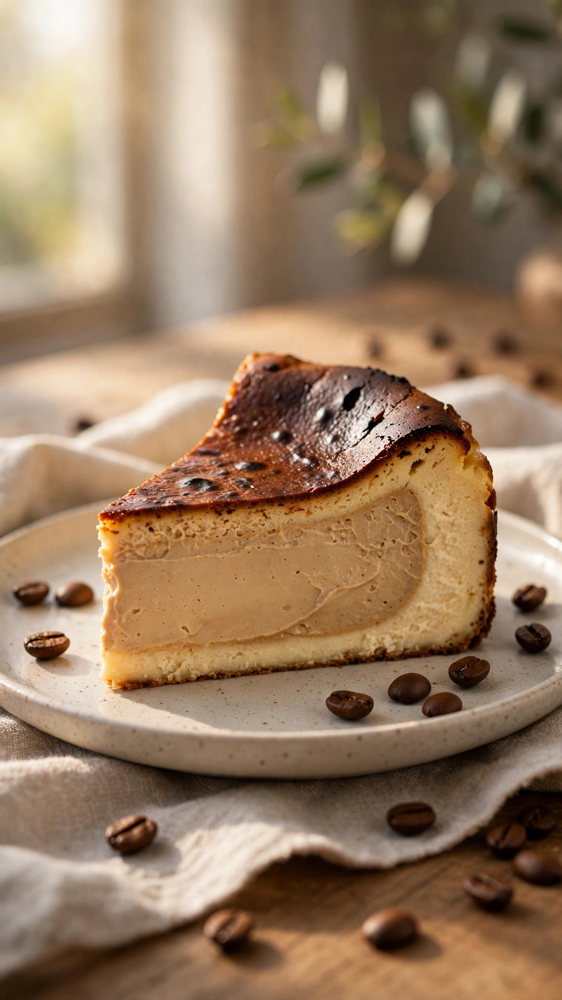 Vanilla bean basque cheesecake slice showing vanilla specks in the creamy interior with caramelized top