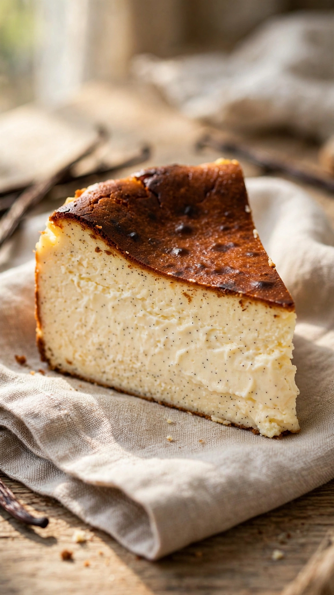 Nutella swirl basque cheesecake slice with hazelnut swirls through the creamy center and caramelized top