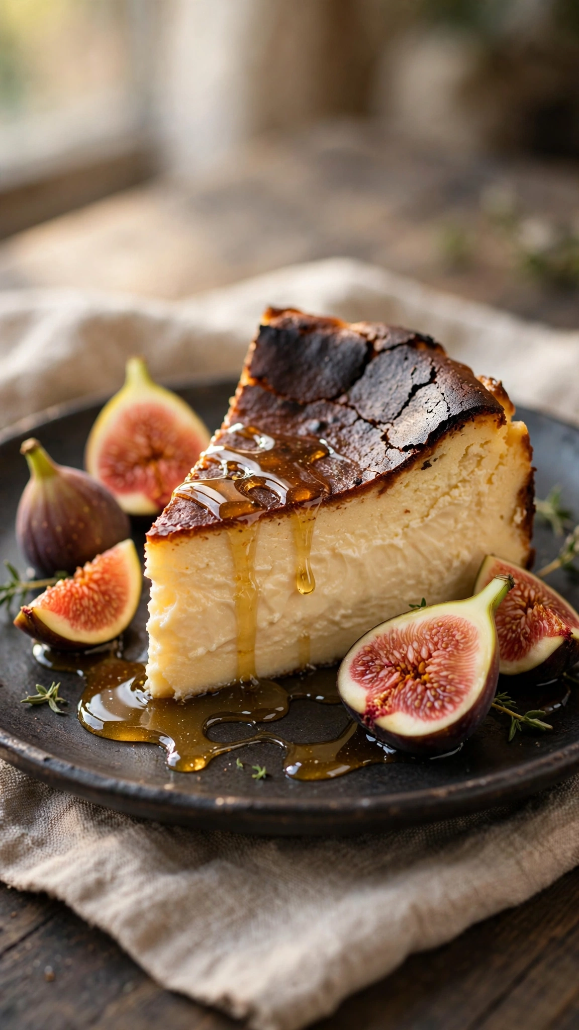 Brown butter basque cheesecake slice with nutty golden batter and deep caramelized top on a ceramic plate
