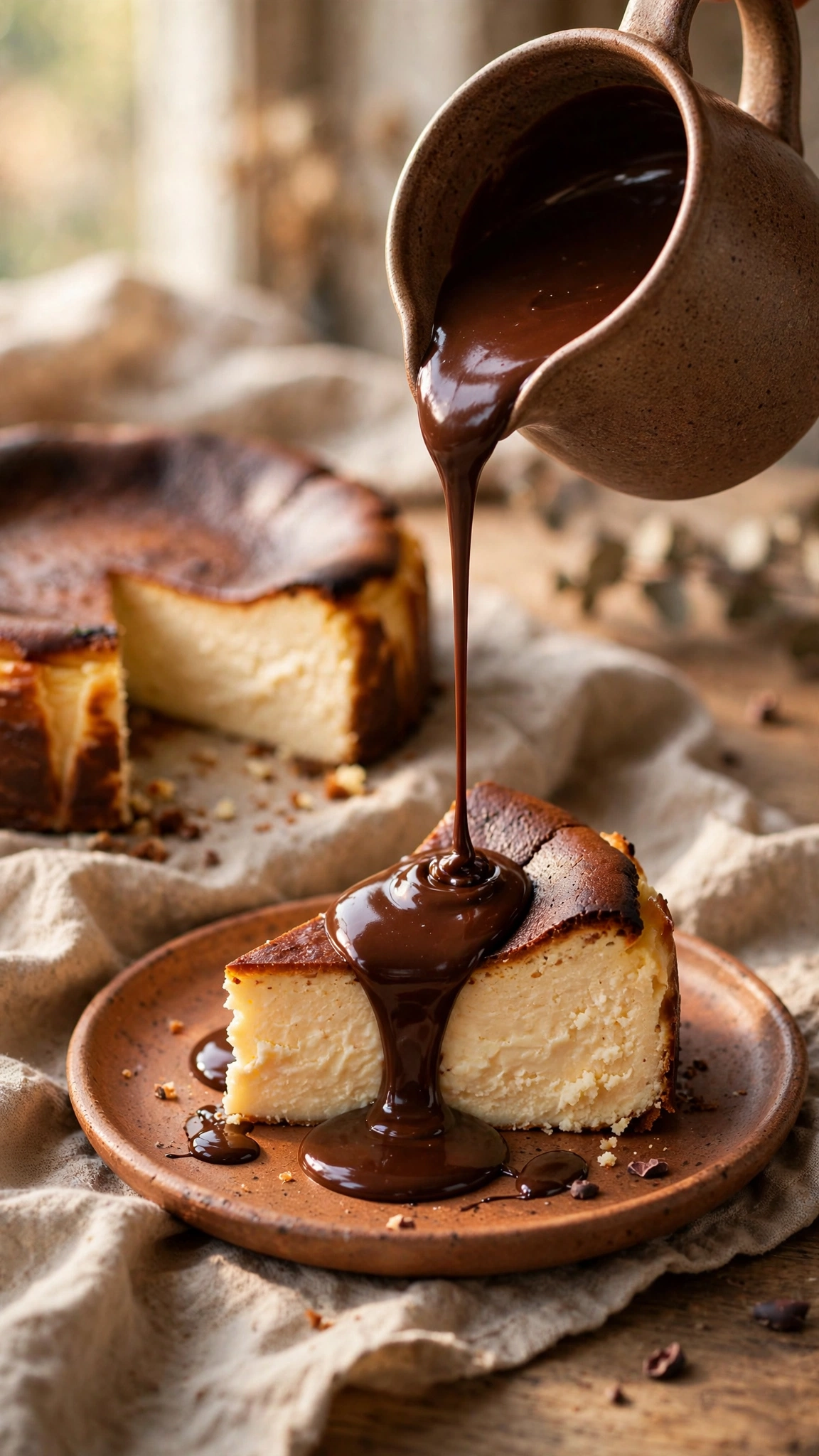 Basque cheesecake with glossy cherry compote spooned over the top on a cake stand, dramatic presentation