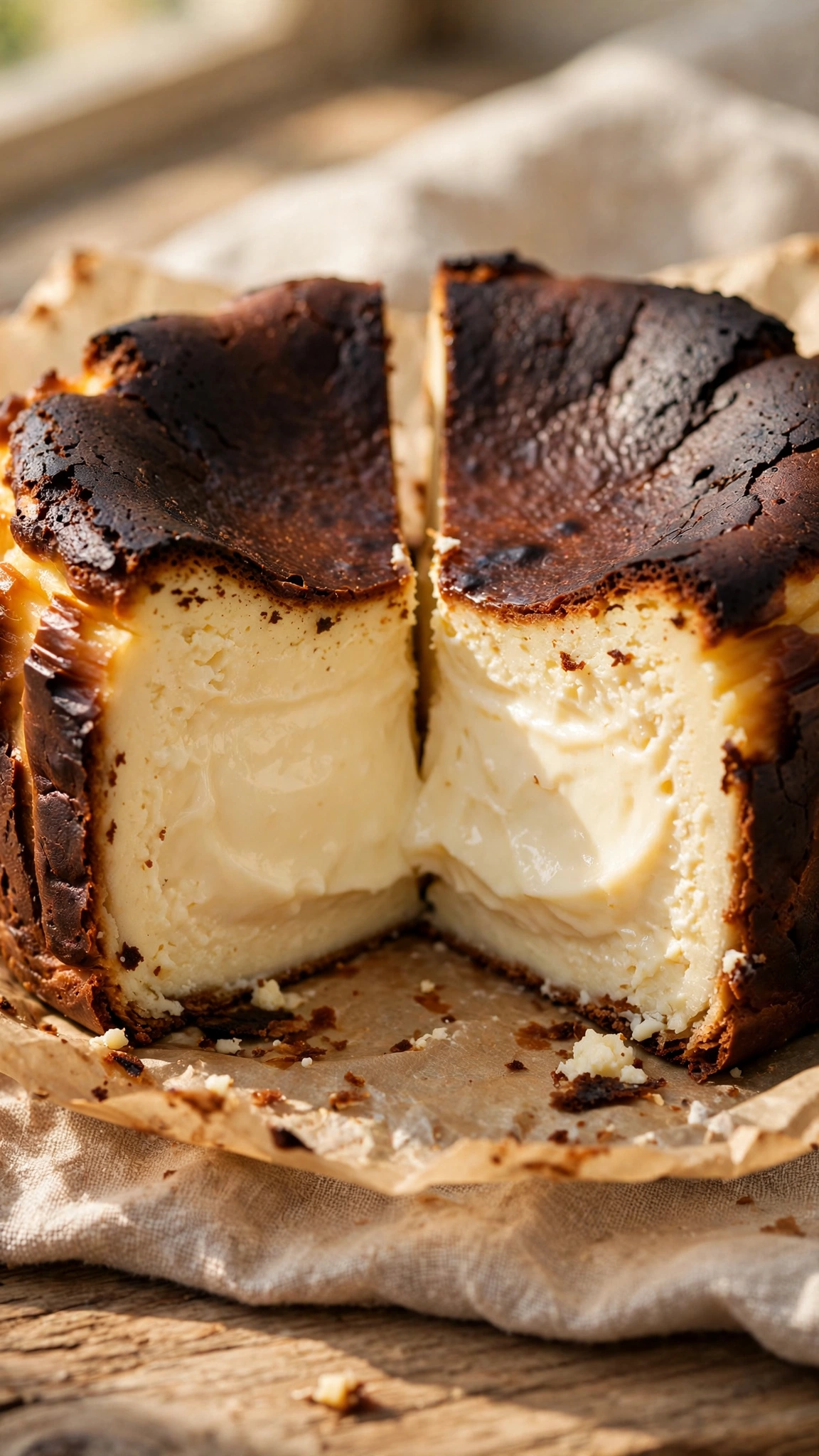Whole basque cheesecake cut in half showing the contrast between the dark burnt exterior and pale jiggly interior