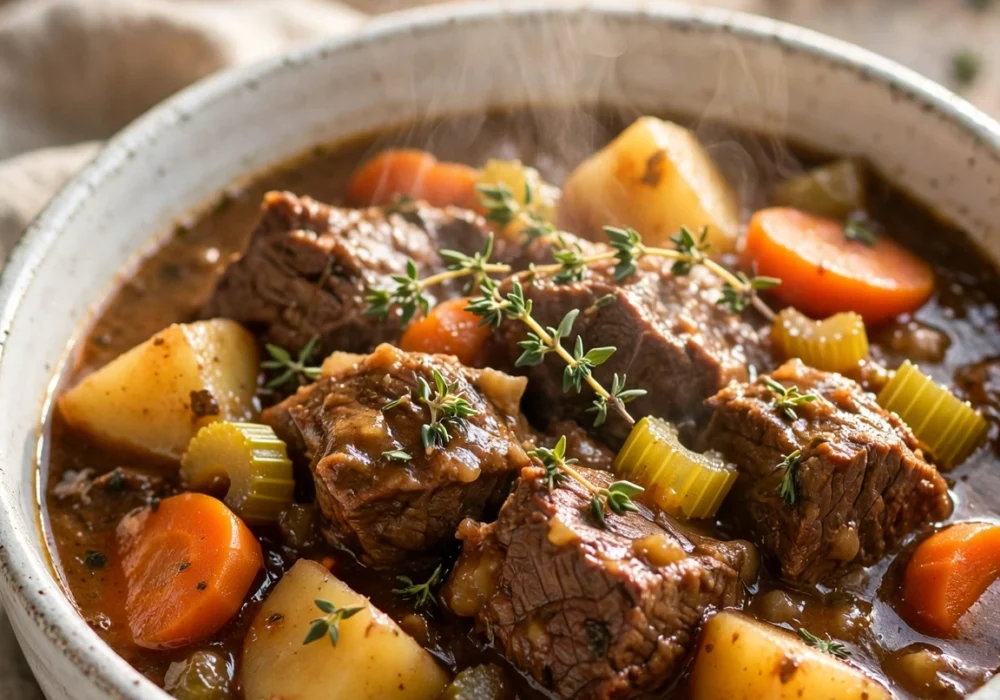 Close-up of classic beef stew with tender beef chunks, carrots and potatoes in rich brown gravy in a rustic ceramic bowl