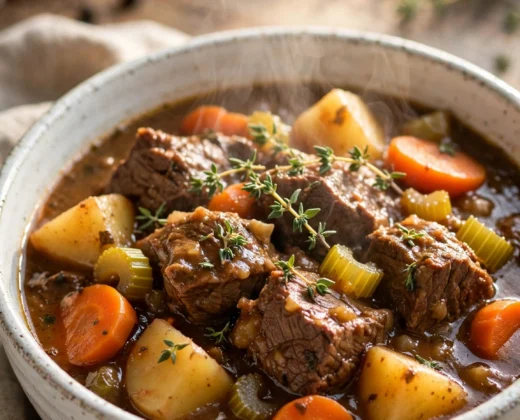 Close-up of classic beef stew with tender beef chunks, carrots and potatoes in rich brown gravy in a rustic ceramic bowl