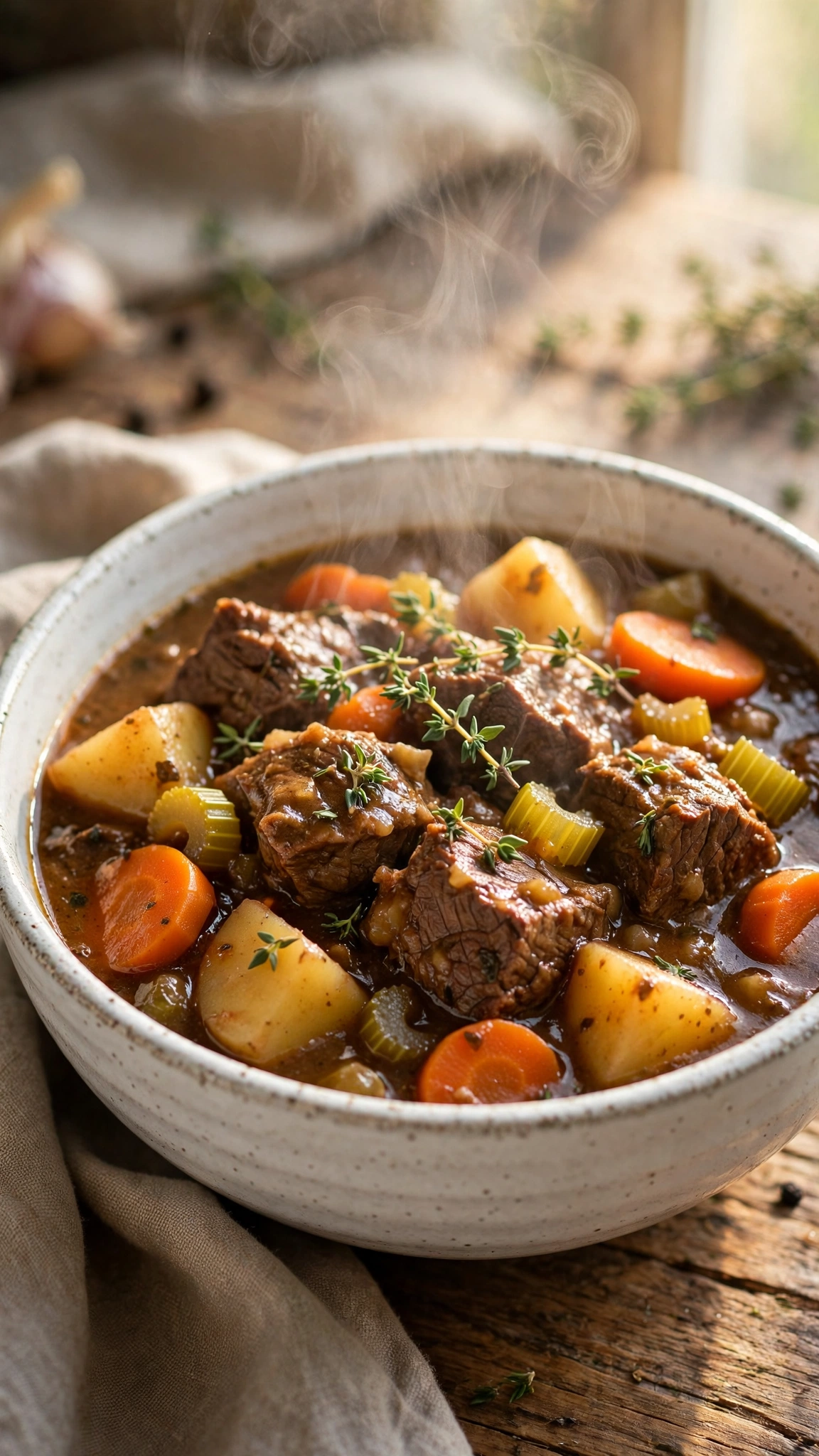 Close-up of classic beef stew with tender beef chunks, carrots and potatoes in rich brown gravy in a rustic ceramic bowl