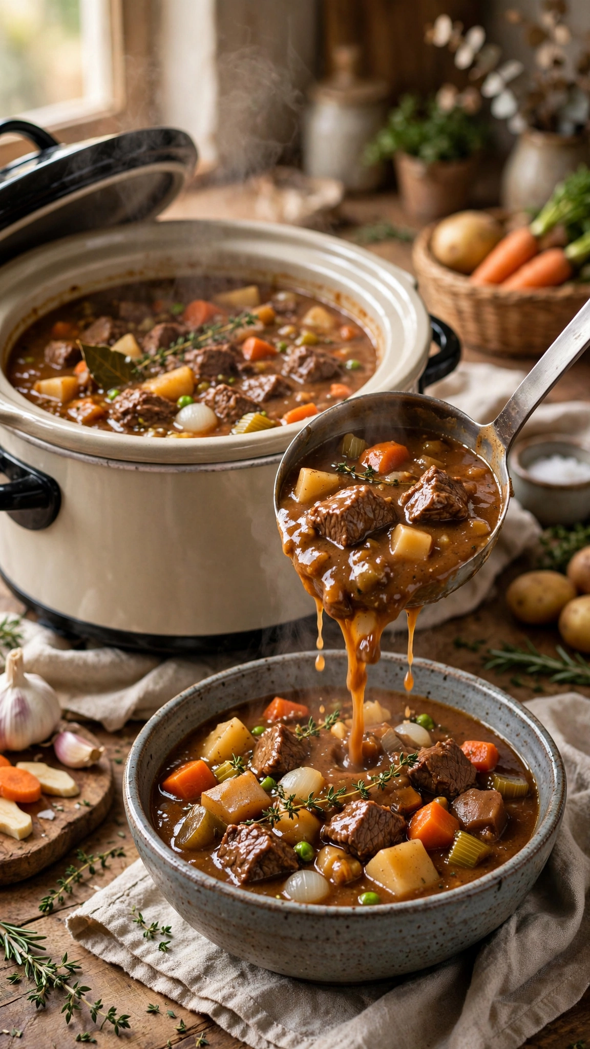 Slow cooker beef stew being ladled into a bowl, thick glossy gravy with beef and root vegetables
