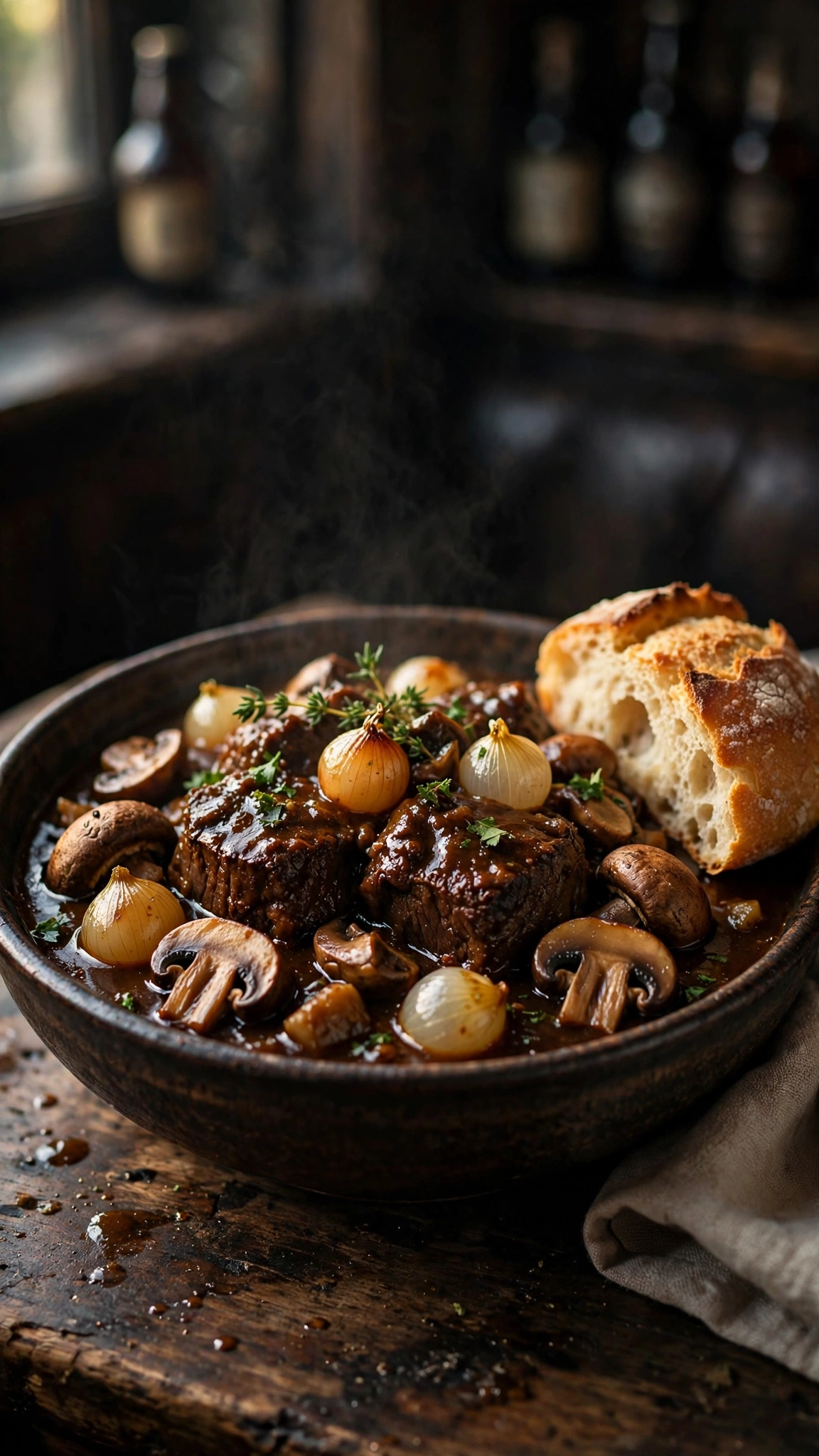 Irish beef and stout stew in a deep bowl with dark rich sauce, pearl onions and mushrooms, crusty bread beside
