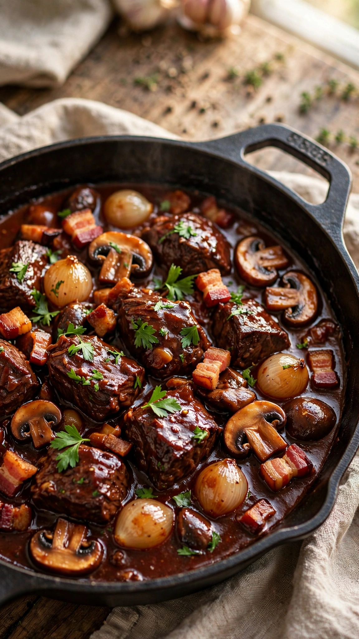Beef bourguignon in a cast iron skillet with pearl onions, mushrooms and bacon in glossy red wine sauce