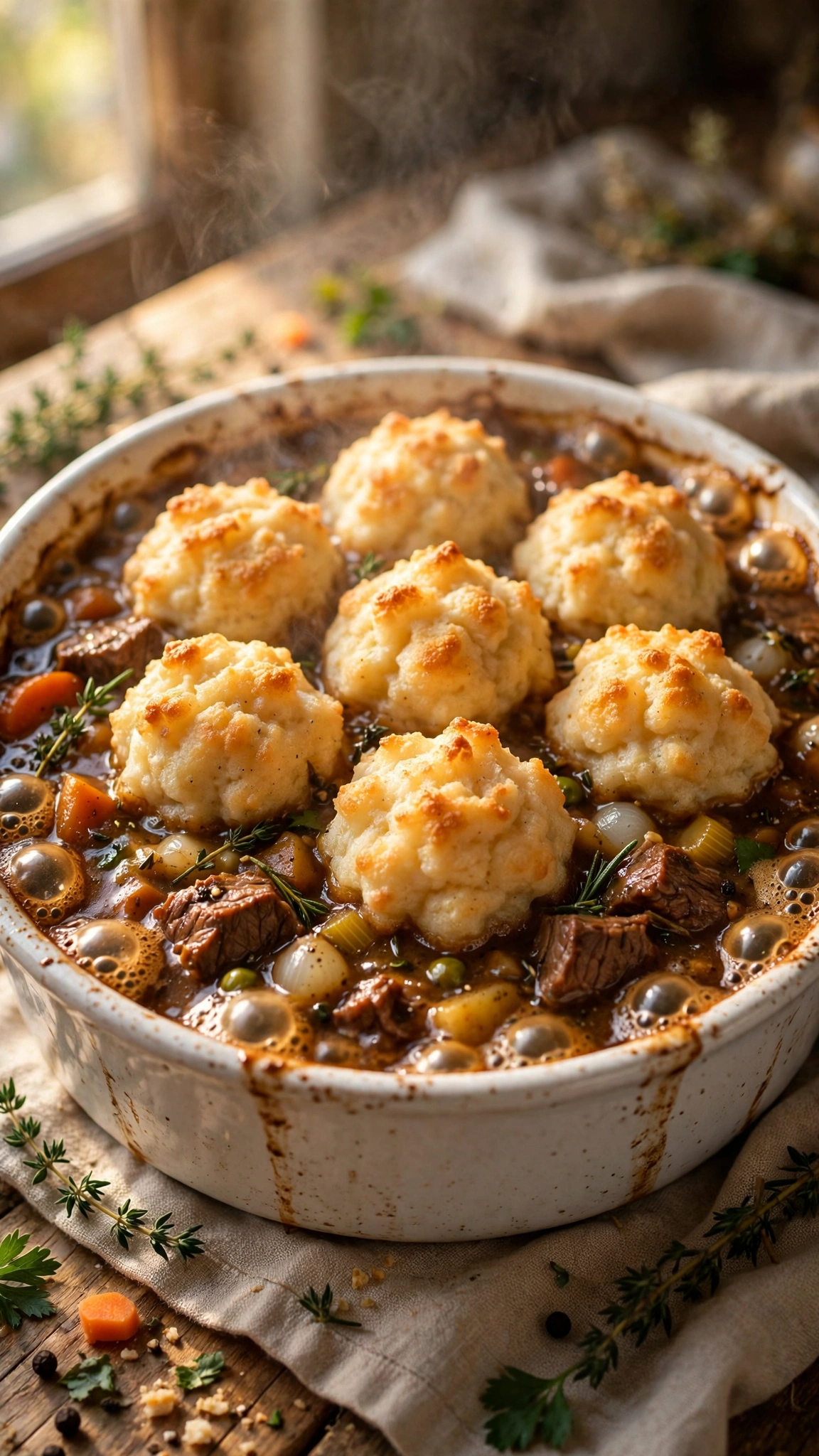 Hearty beef stew topped with fluffy golden dumplings in a white casserole dish, gravy bubbling around the edges