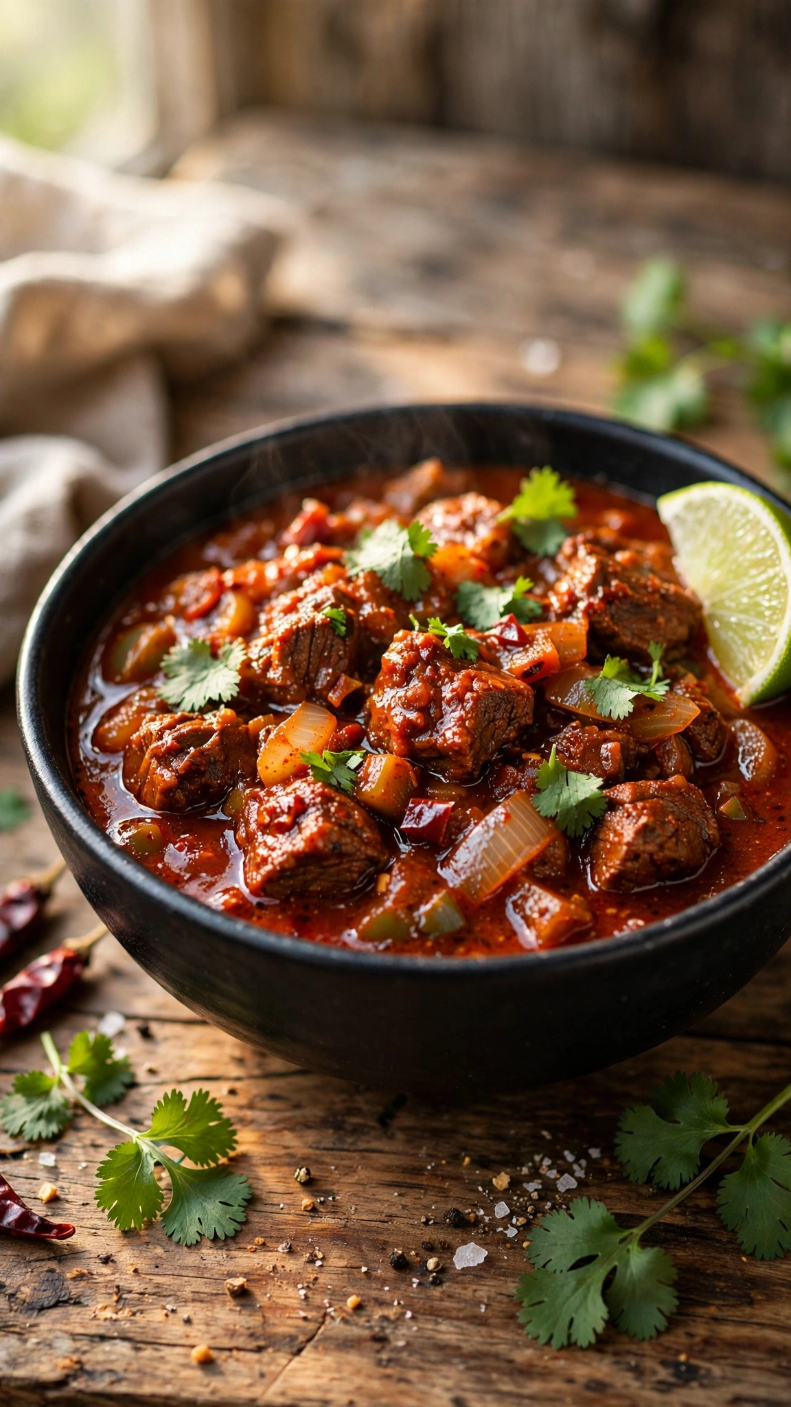 Spicy chipotle beef stew in a black bowl with red tinted sauce, fresh cilantro and a lime wedge