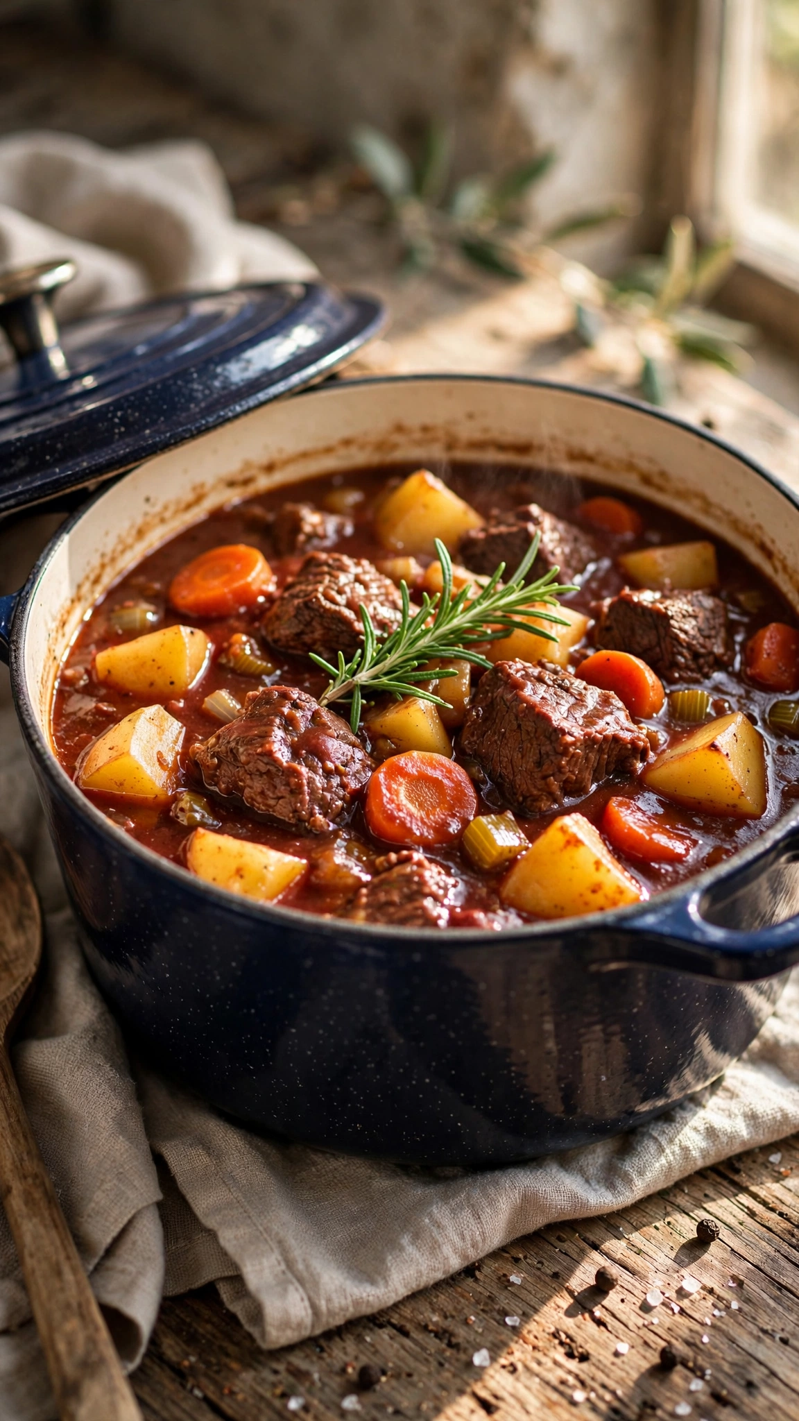 Beef stew with red wine braising in an enameled Dutch oven, carrots and potatoes in burgundy gravy with fresh rosemary